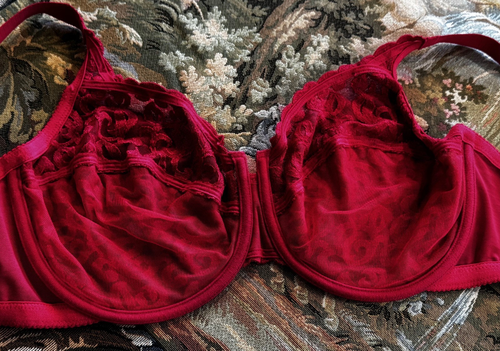 VINTAGE WACOAL 85199 ~ RED ARABESQUE SEMI SHEER FULL FIGURE UNDERWIRE BRA 36DDD