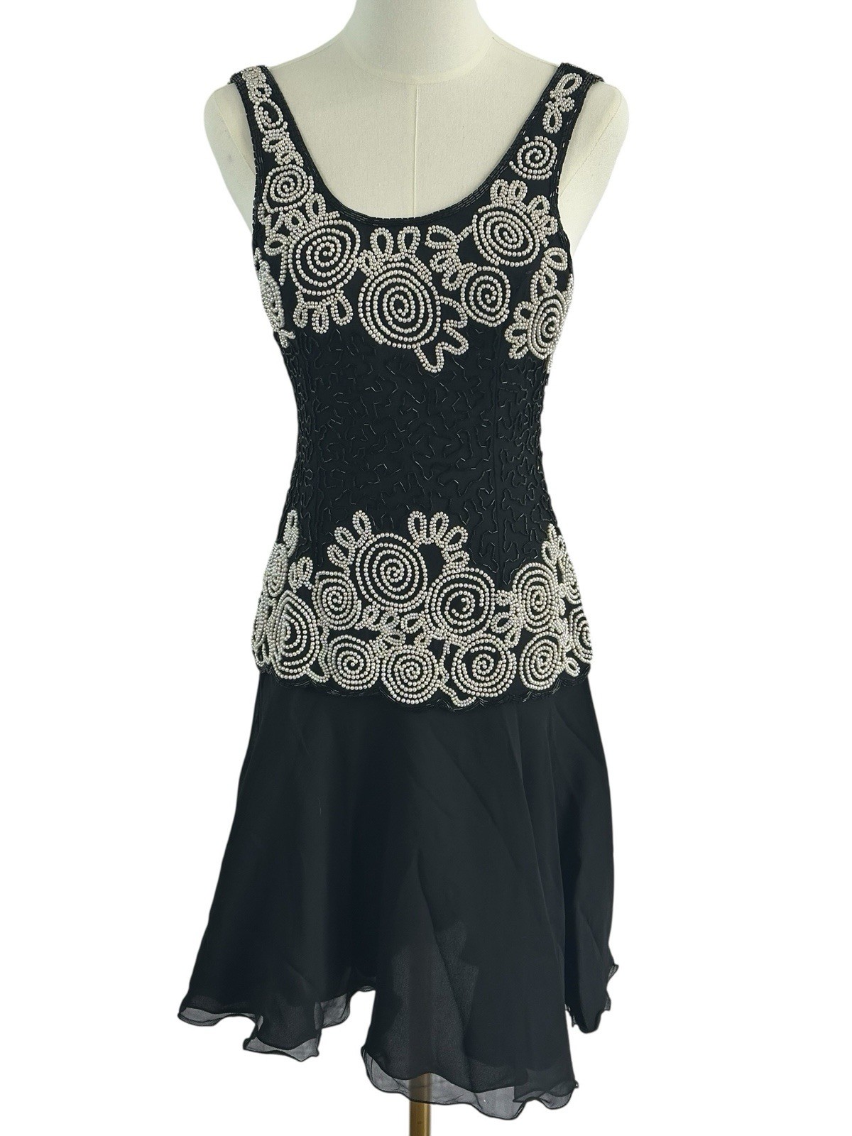 Vintage Laurence Kazar New York Black Silk Pearl Beaded Cocktail Dress Size S
