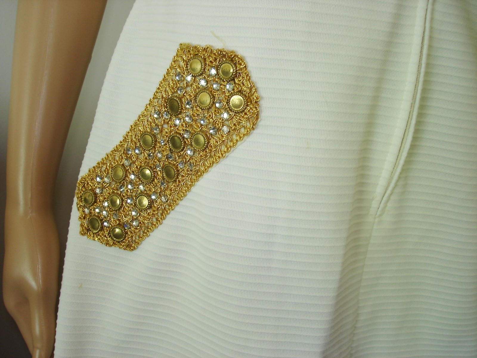 Vtg Cabot Mini Dress Rhinestone Collar & Faux Pocket Details Textured Polyester