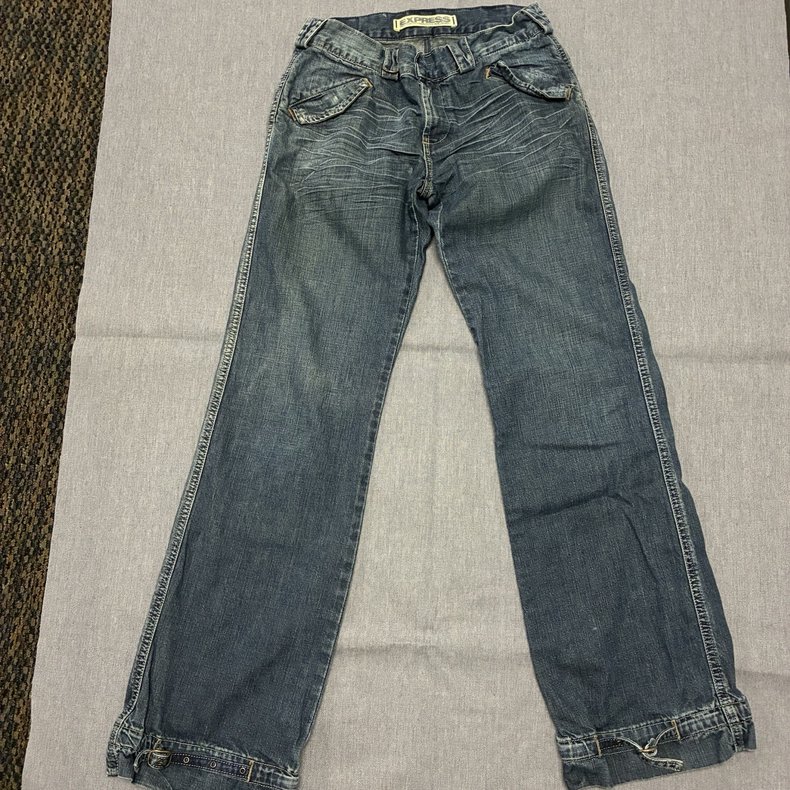 VTG 90s Y2K Express Women 6 Jeans Wide Leg Buckle Cuff Flap Pocket Low Rise