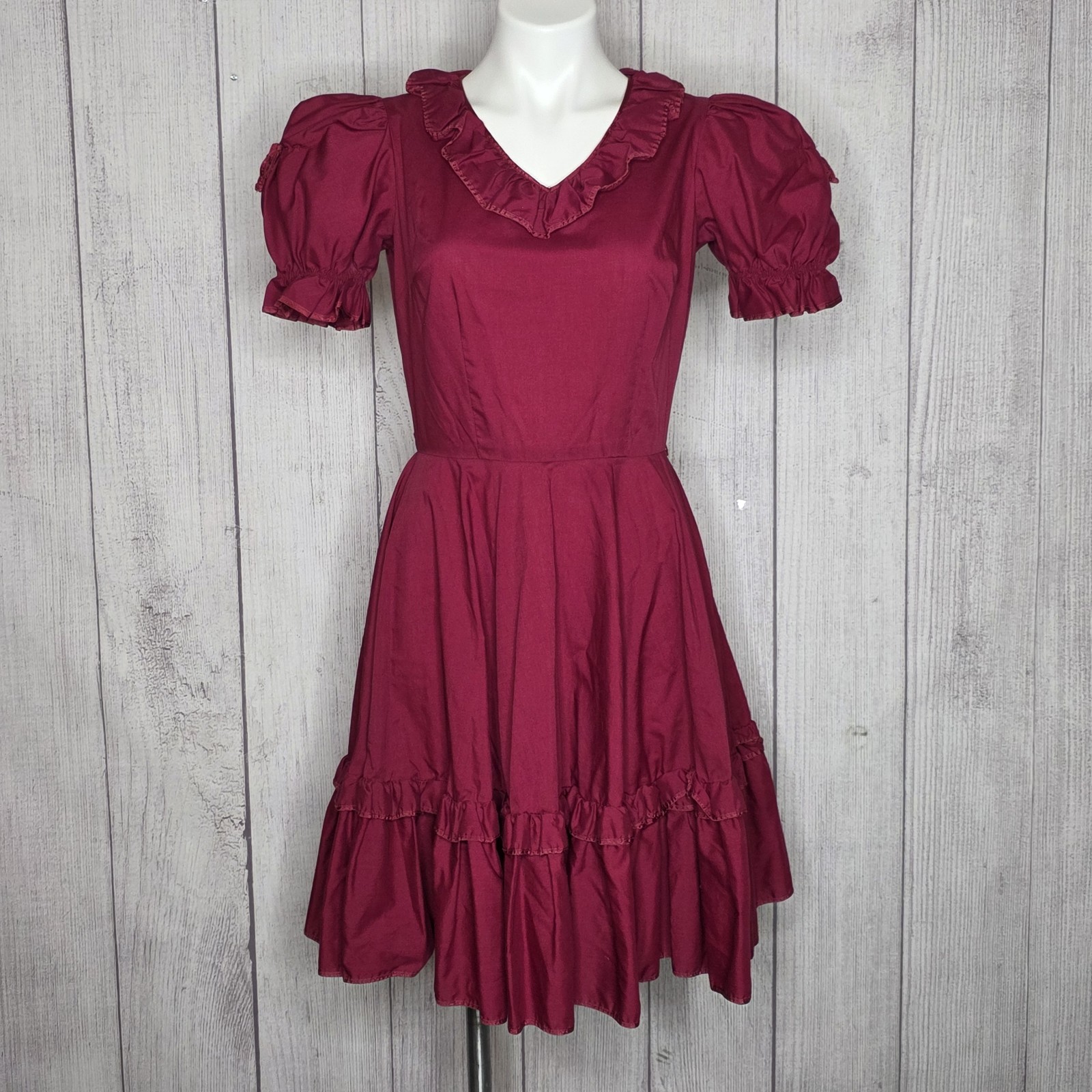 Vintage Malco Modes Raspberry Square Dance Prairie Dress Puff Sleeve Size 10