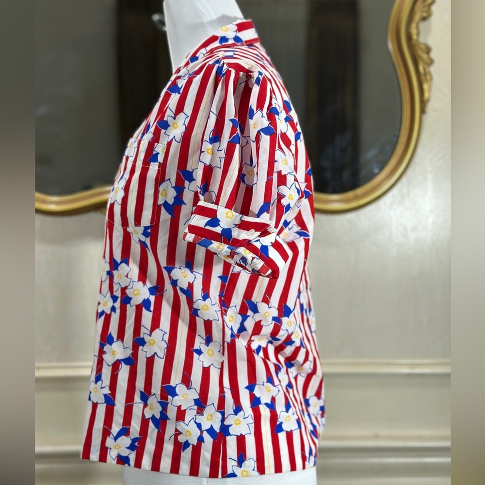 Vintage Silkhana Red White Striped Floral Button-Up Shirt | 80s 90s Blouse M