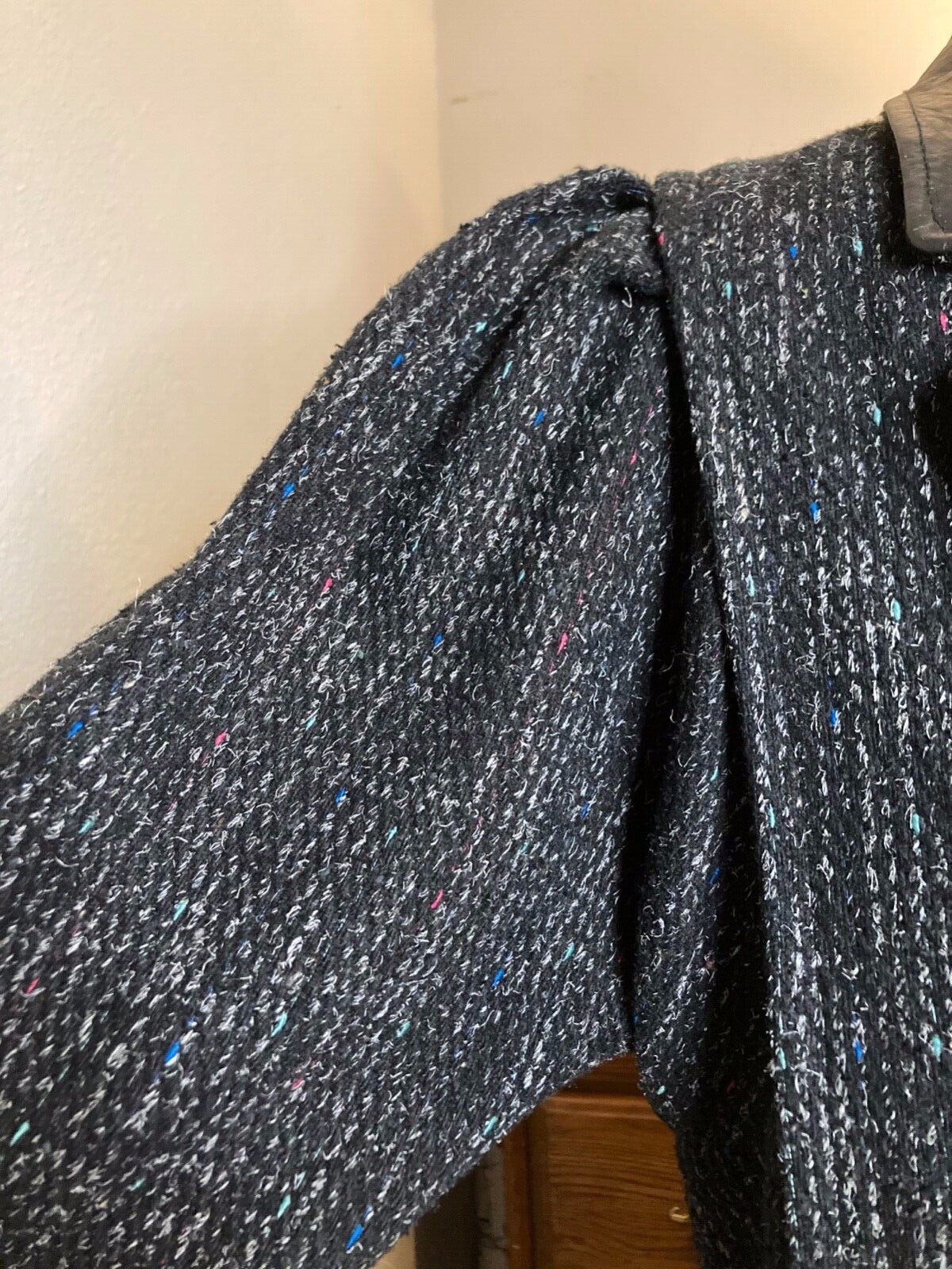 BBI Black Women&rsquo;s Vintage Textured Tweed Wool Overcoat w/ Leather Trim L XL 