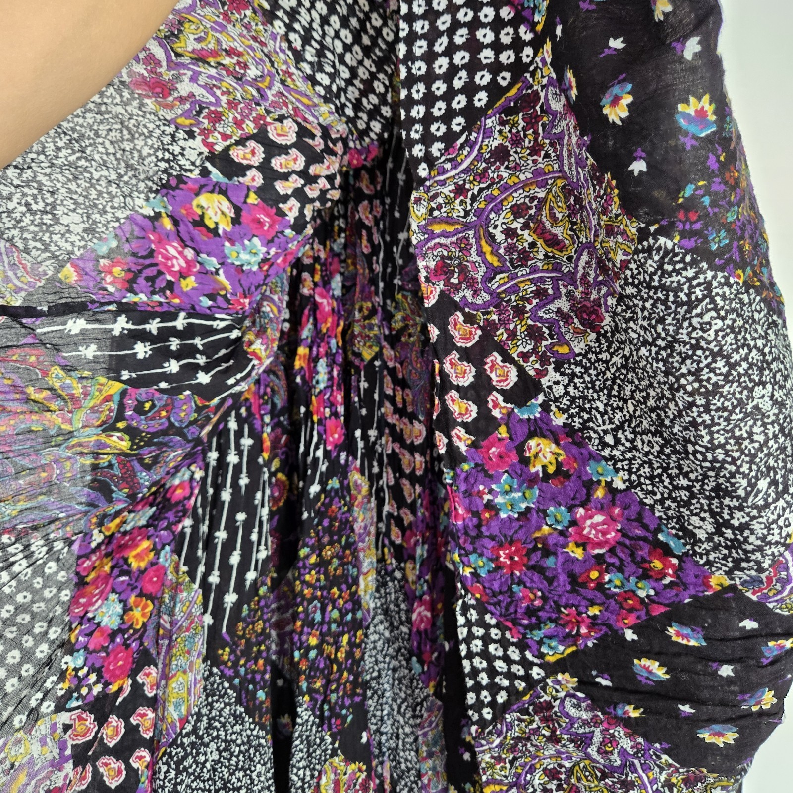 Vintage 1990s Basic Edition Floral Patchwork Skirt Black and Pink Flowy Gypsy M