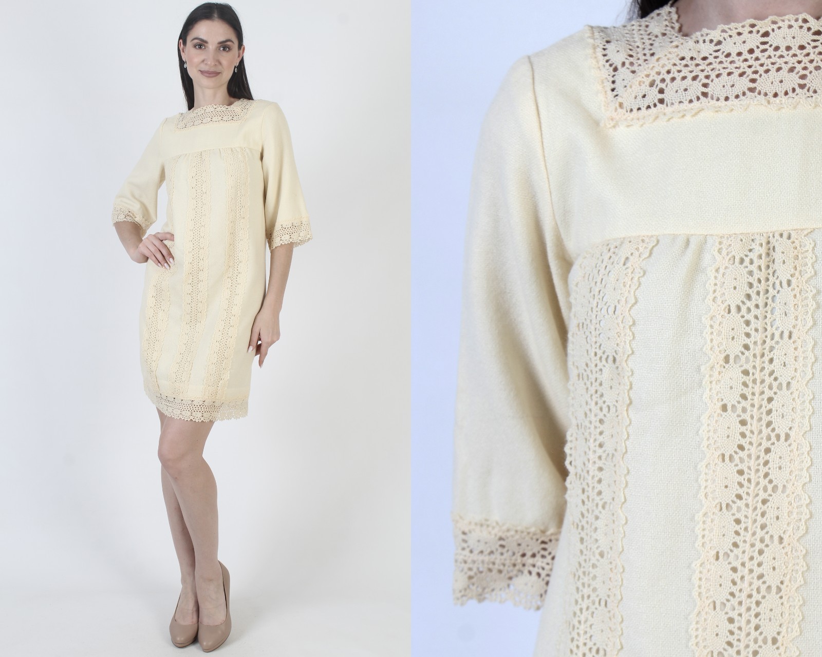 Vtg 60s Cream Crochet Dress Monochrome Mod MCM Shift Bell Slv Micro Mini