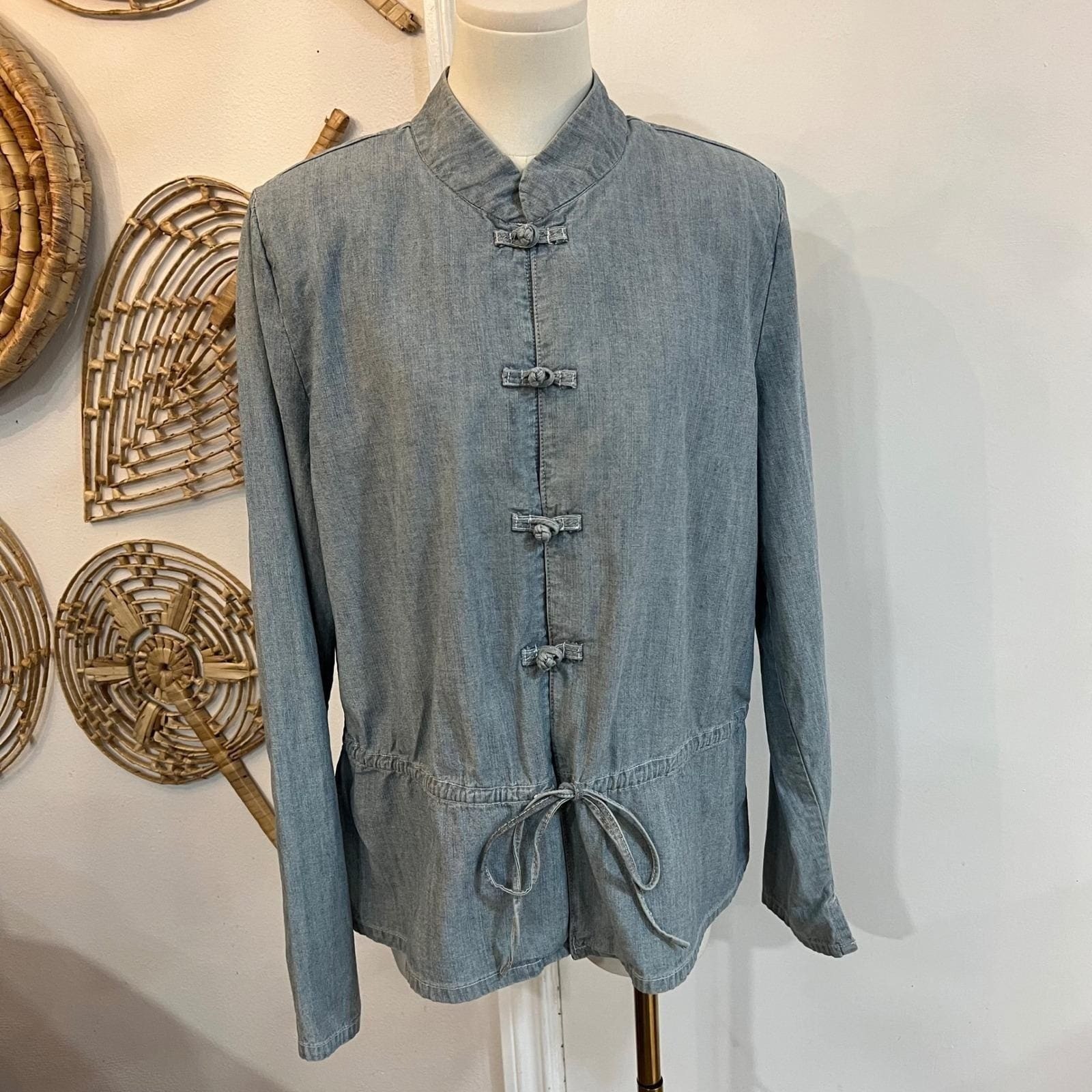 Vintage Chambray Frog Closure Jacket Mandarin Collar Tie Waist Minimalist 16