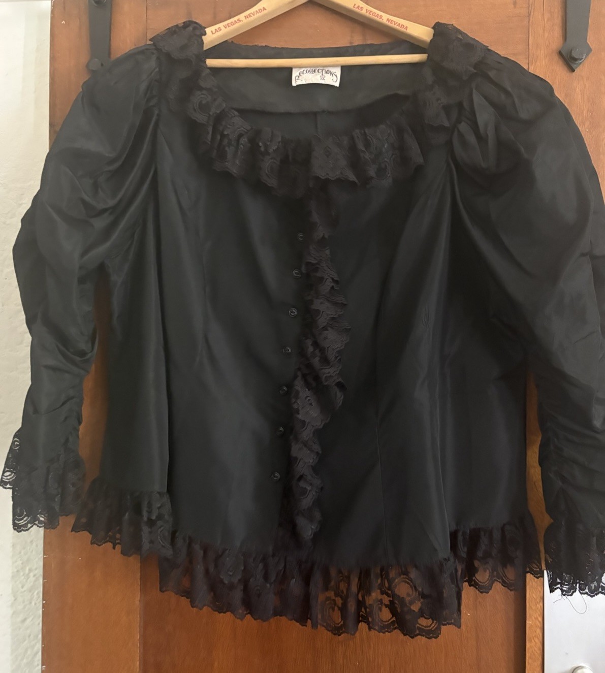 Vintage Black Taffeta Gothic Lolita Bed Jacket Lace Balloon Sleeve Boho Top XXL