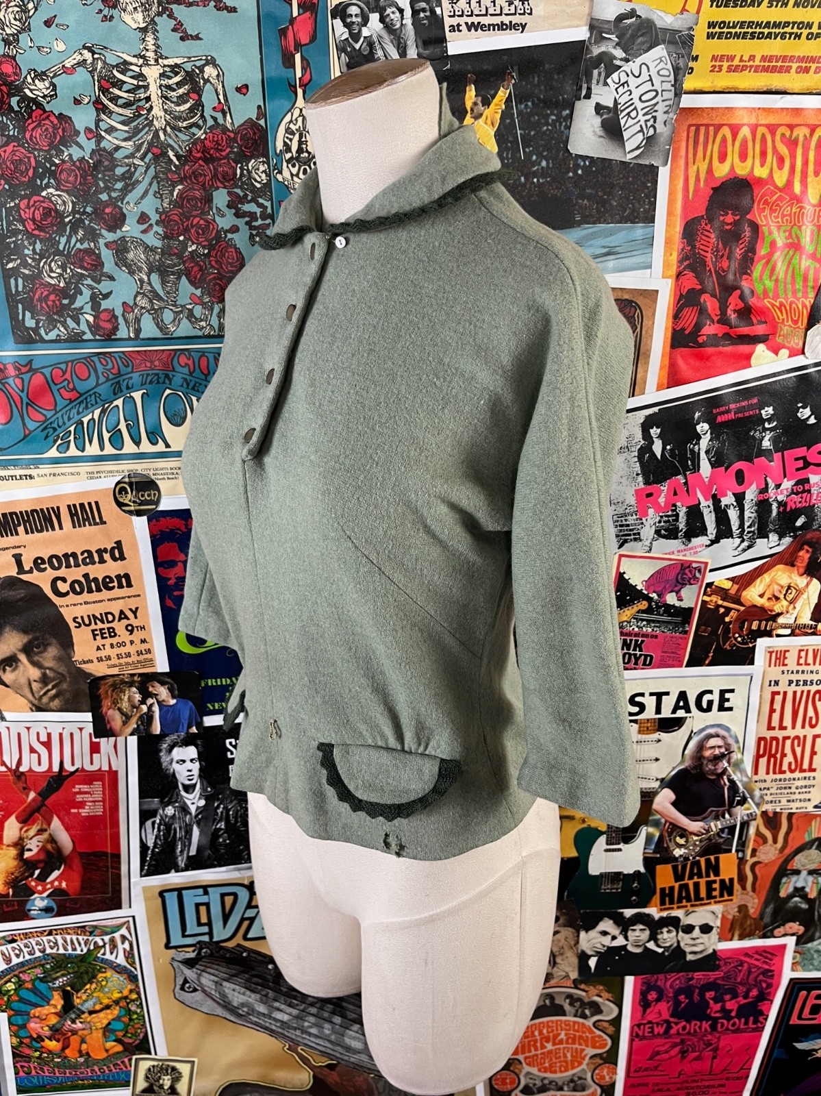 Vtg Womens 1940s Green Peter Pan Collar 3/4 Sleeve Wool Blouse Top Loop Collar