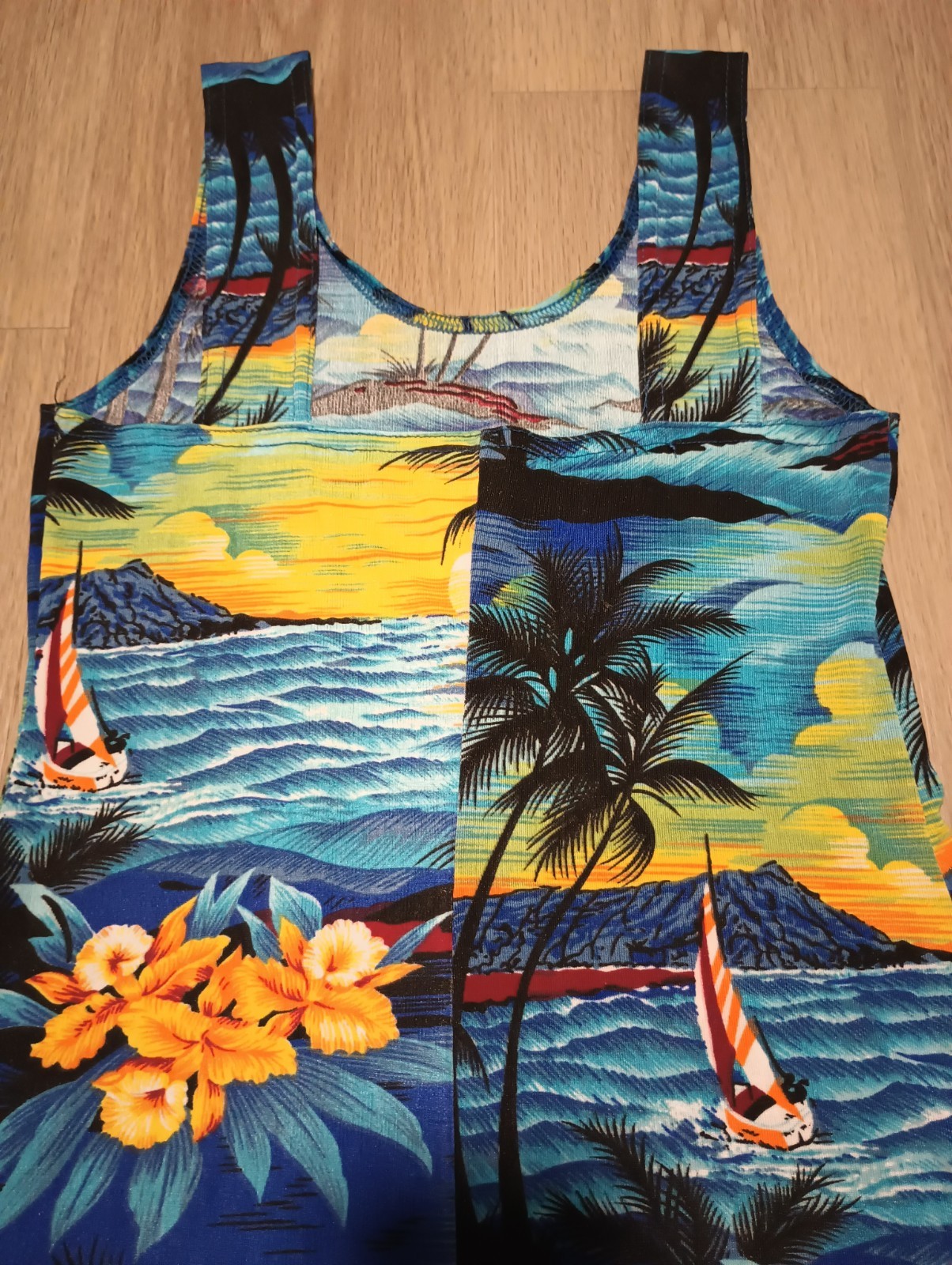 Vtg Tropical Hawaiian Print Stretchy Tank Mini Sun Dress resort swim cover up XS