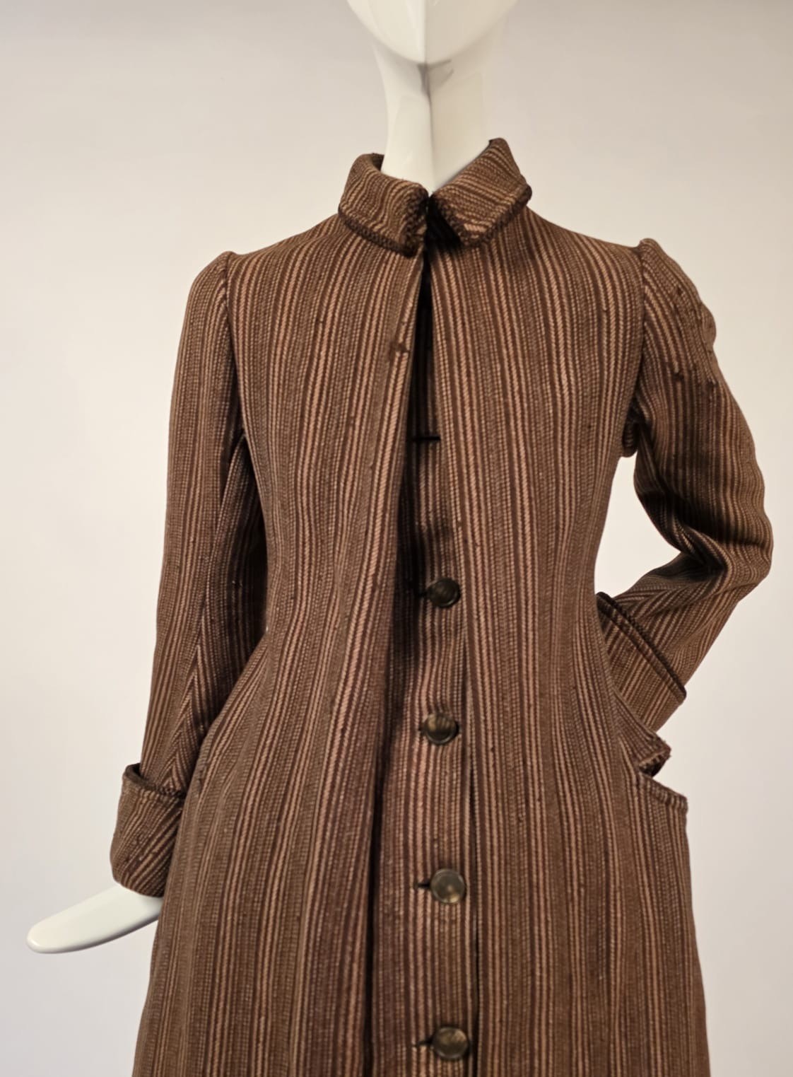 VICTORIAN 1880’S FLANNEL LINED STRIPED WOOL BUSTLE BACK DRESS COAT