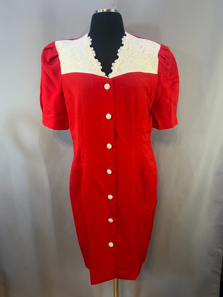 VTG 80s JF J. Ferrar Red Lace Yoke Wiggle Dress Pearl Buttons Puff Sleeve USA