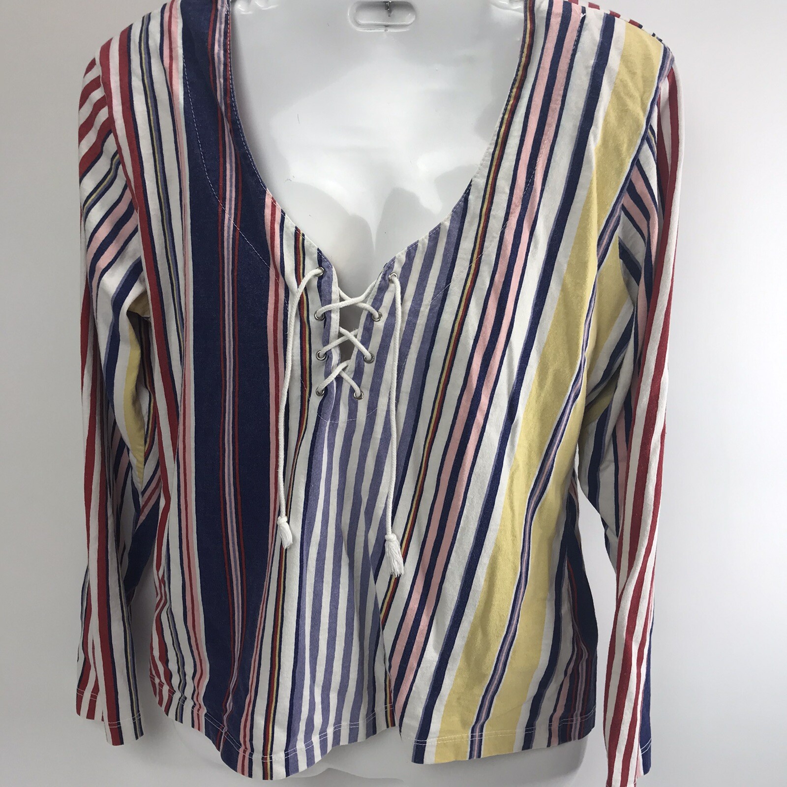 Vtg Top Star Cody 90s L Striped Pullover Lace-Up Front tee blouse long slv USA