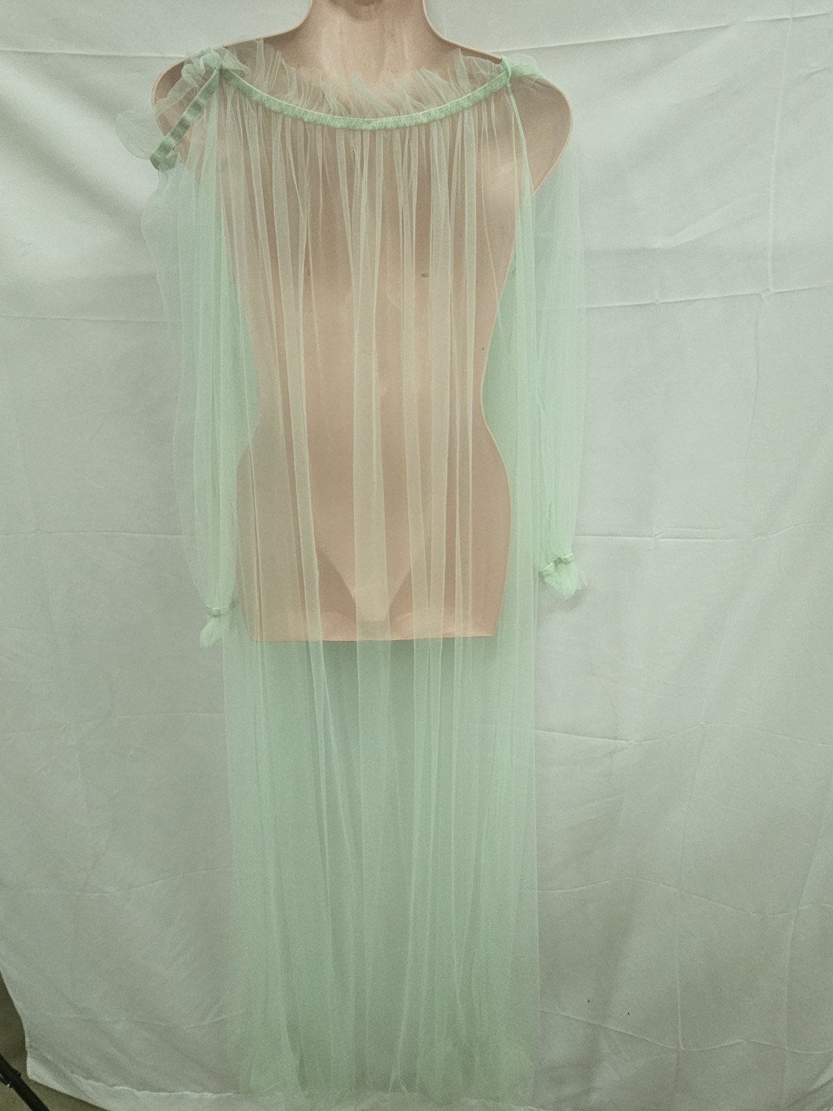 Vintage 1970s Mint Green Sheer Nylon Maxi Nightgown Off-Shoulder Billow Sleeve