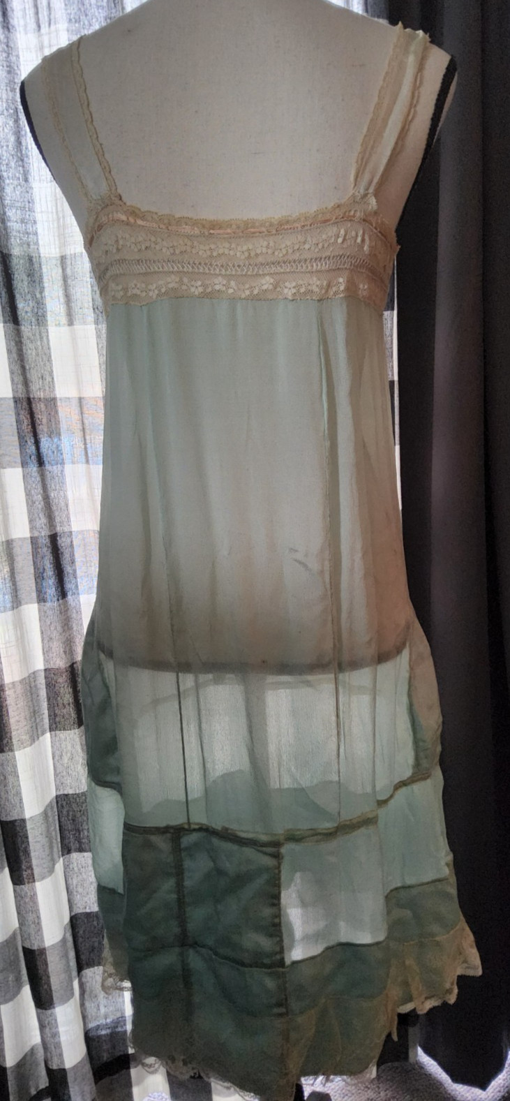 VTG 1920s FLAPPER PALE AQUA SILK & LACE CHEMISE Art Deco Era Slip, 1930s Repairs