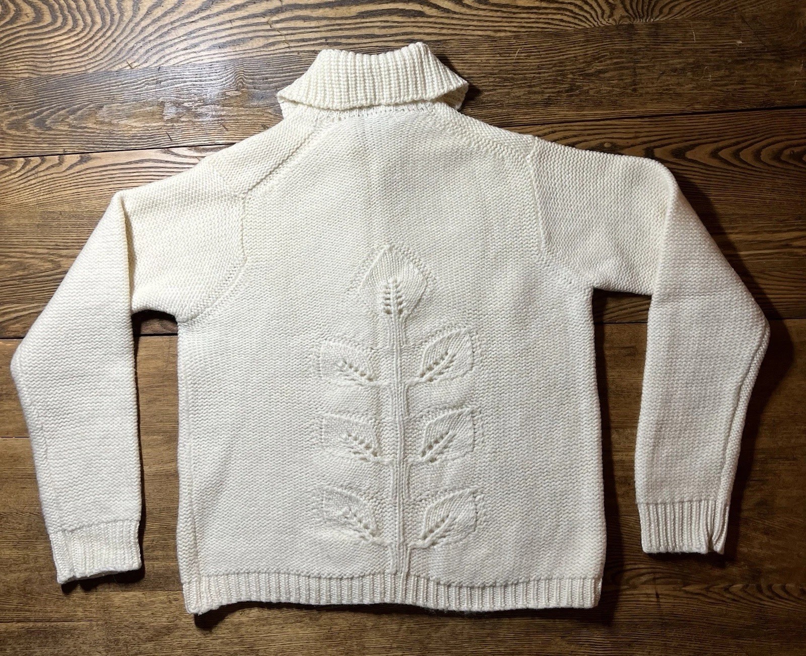 Vintage 60s Miles Sweaters Leaf Pattern Knit Cardigan Shawl Collar Wool Sweater