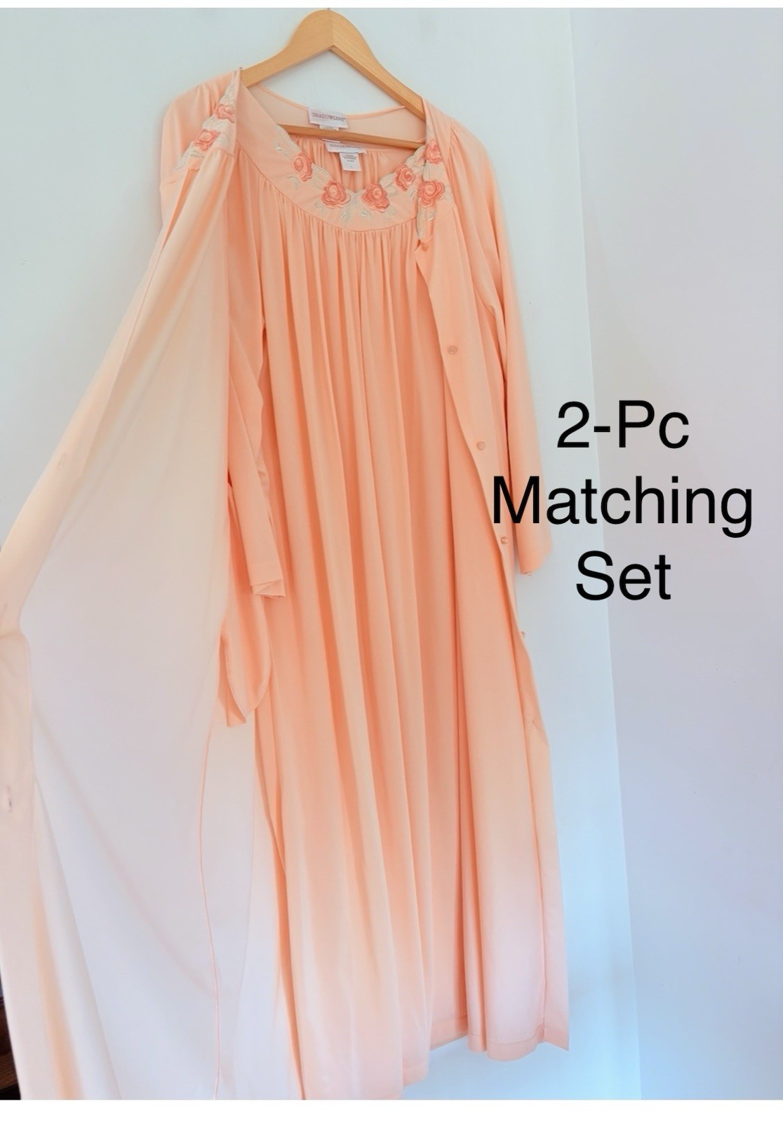 SHADOWLINE Light Peach Vtg Nightgown & Robe 2pc Set Sz L Nylon Floral Embroidery