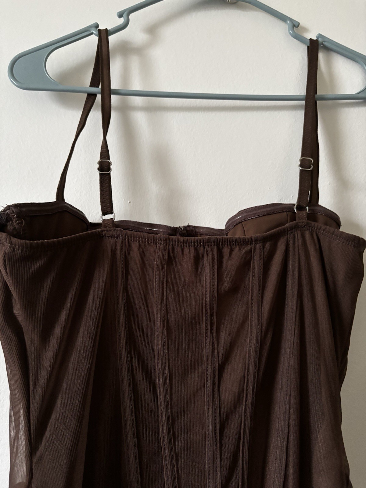 Women&rsquo;s Brown Full Slip Spaghetti Strap Lingerie Dress with Sheer Overlay