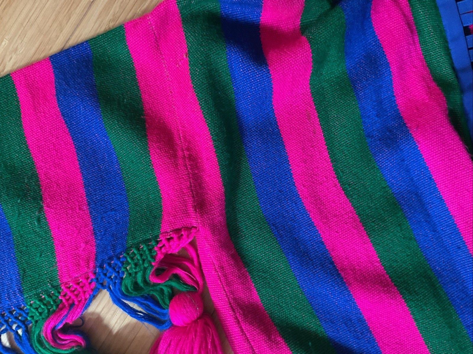 VTG Josefa Boho Caftan Maxi Dress Multicolor Pink Green Blue Pompoms Belt, Small