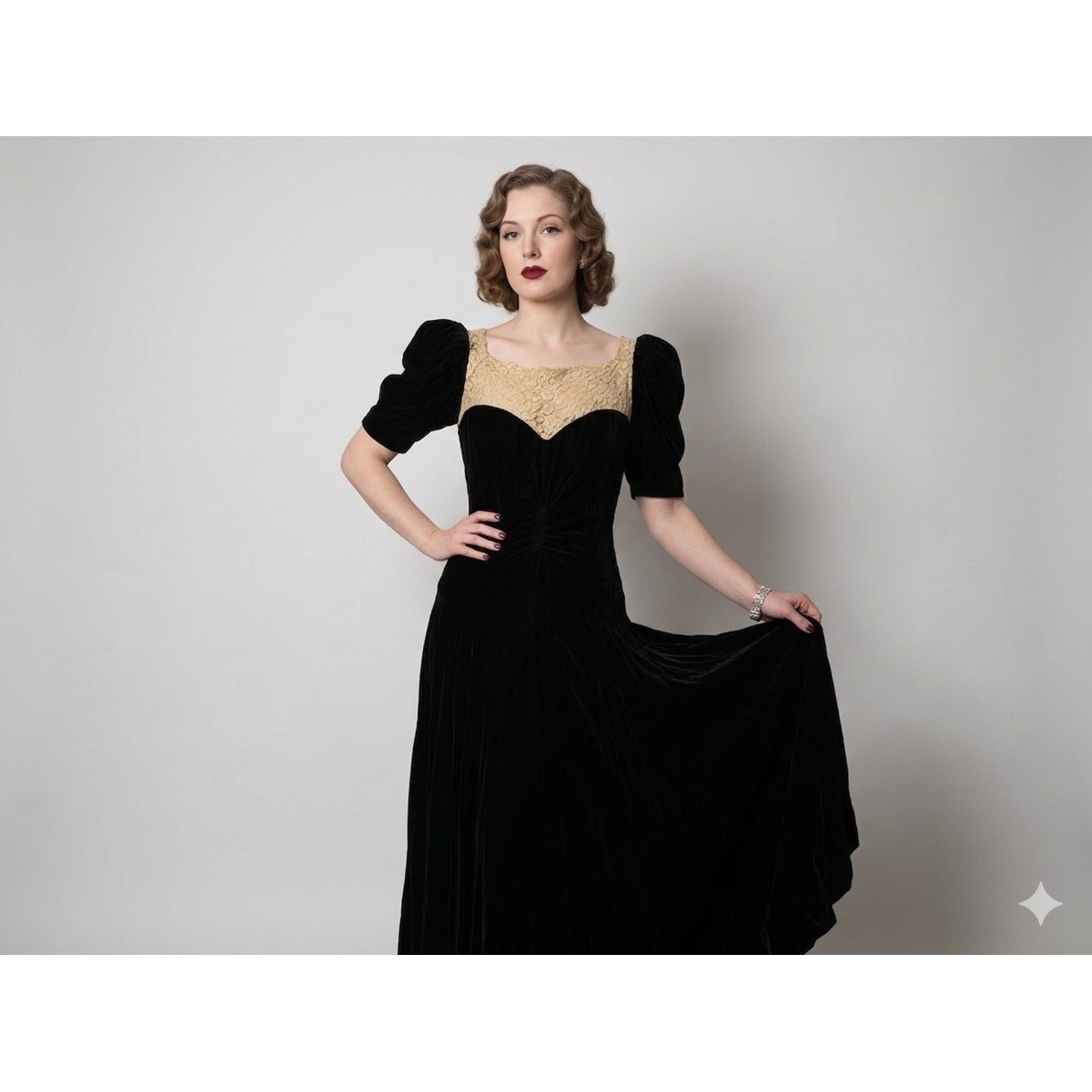 Vintage 1940s Black Silk Velvet Dress Ecru Lace Cap Sleeve Full Skirt Gown