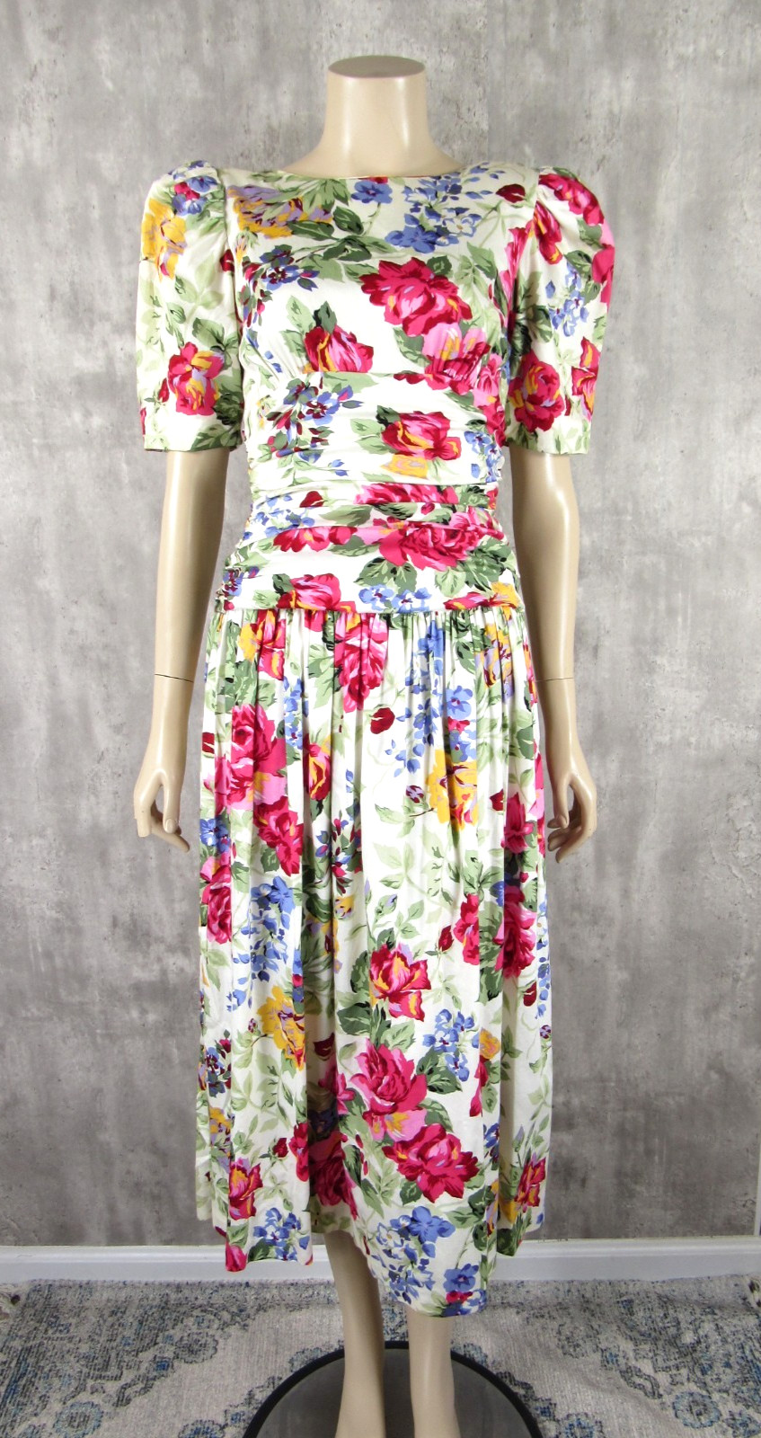 Vintage 80s Misty Lane Floral Cotton Garden Party Tea Dress Open Back Midi Dress