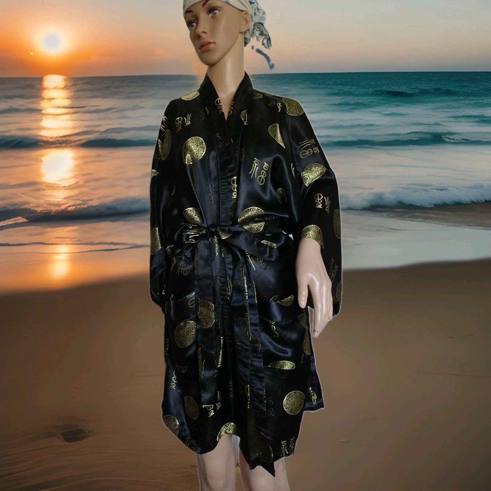 Double Peach VTG Black/Gold 100% Silk Kimono Robe OS