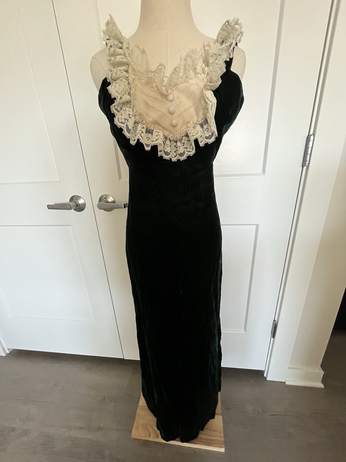 VTG 80s Jessica McClintock Emerald Green Velvet Lace Maxi Dress Sz XXS
