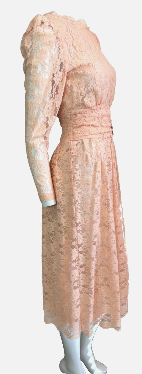 50s Lace Cocktail Dress Size XS Peach Open V-Back Long Sleeve Midi Vintage EUC