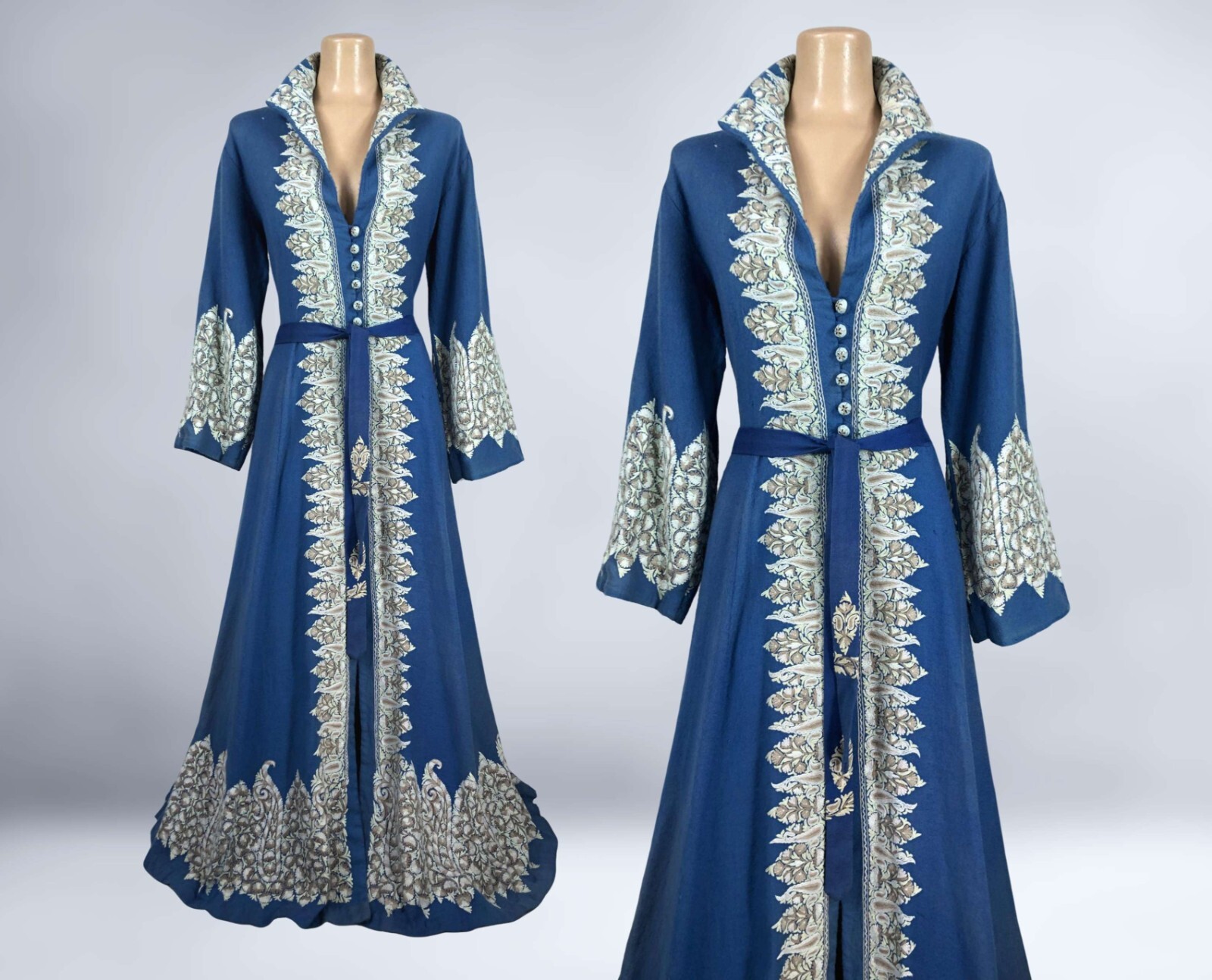 VINTAGE 30s Hand Embroidered Kashmiri Crewel Blue Wool Jacket/ Dressing Gown