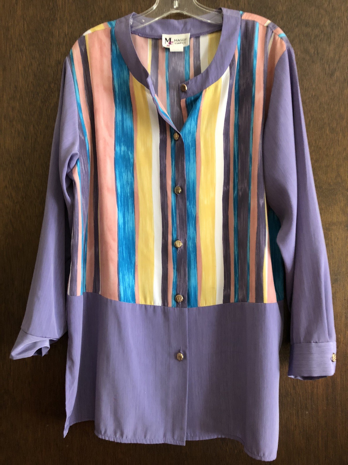 Vintage 80s Women’s Size M Purple Stripe Polyester Blouse 32 Long 22 Chest