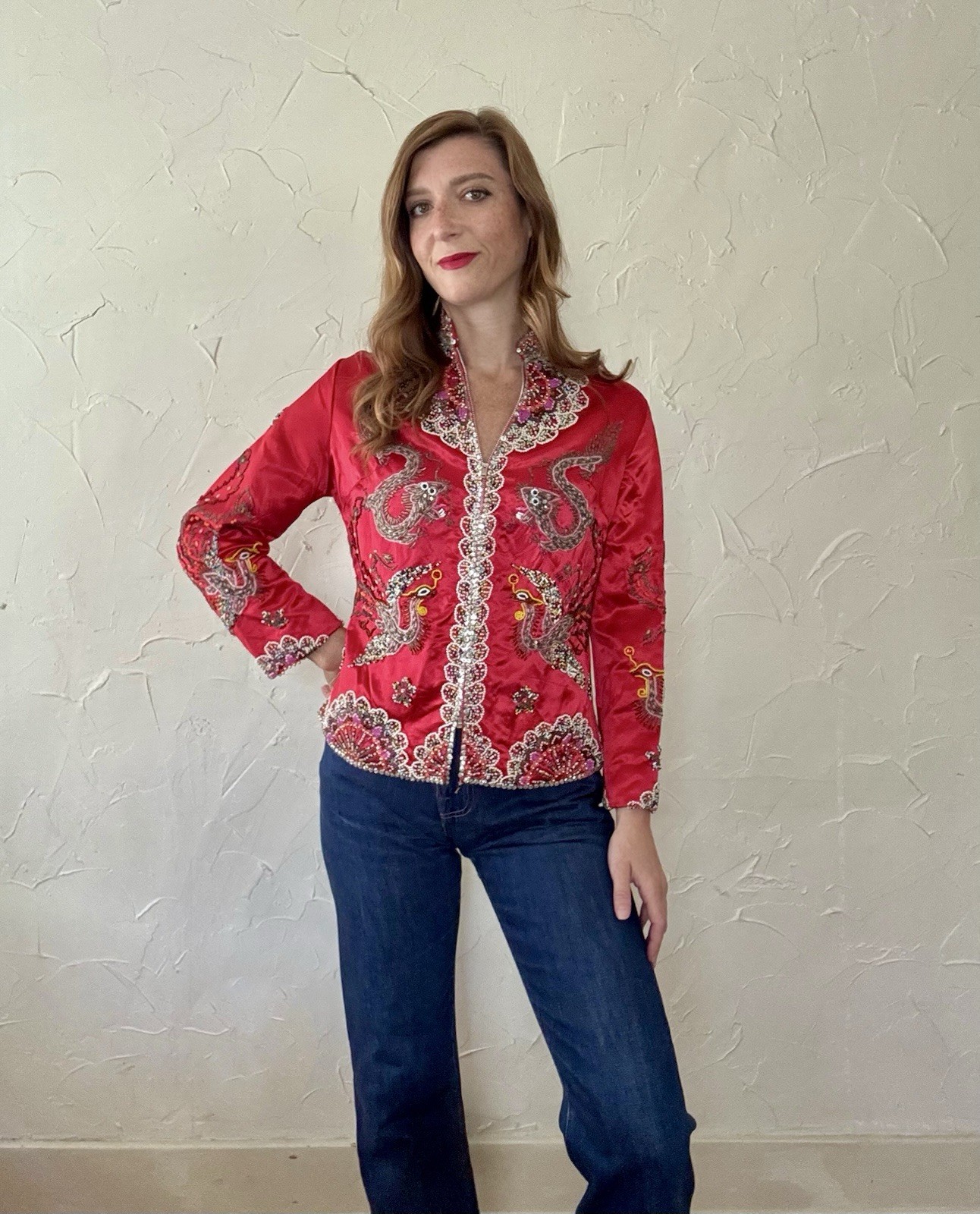 VTG 1960s Red Satin Beaded Jacket Zip up Asian Influenced Dragon Phoenix Design