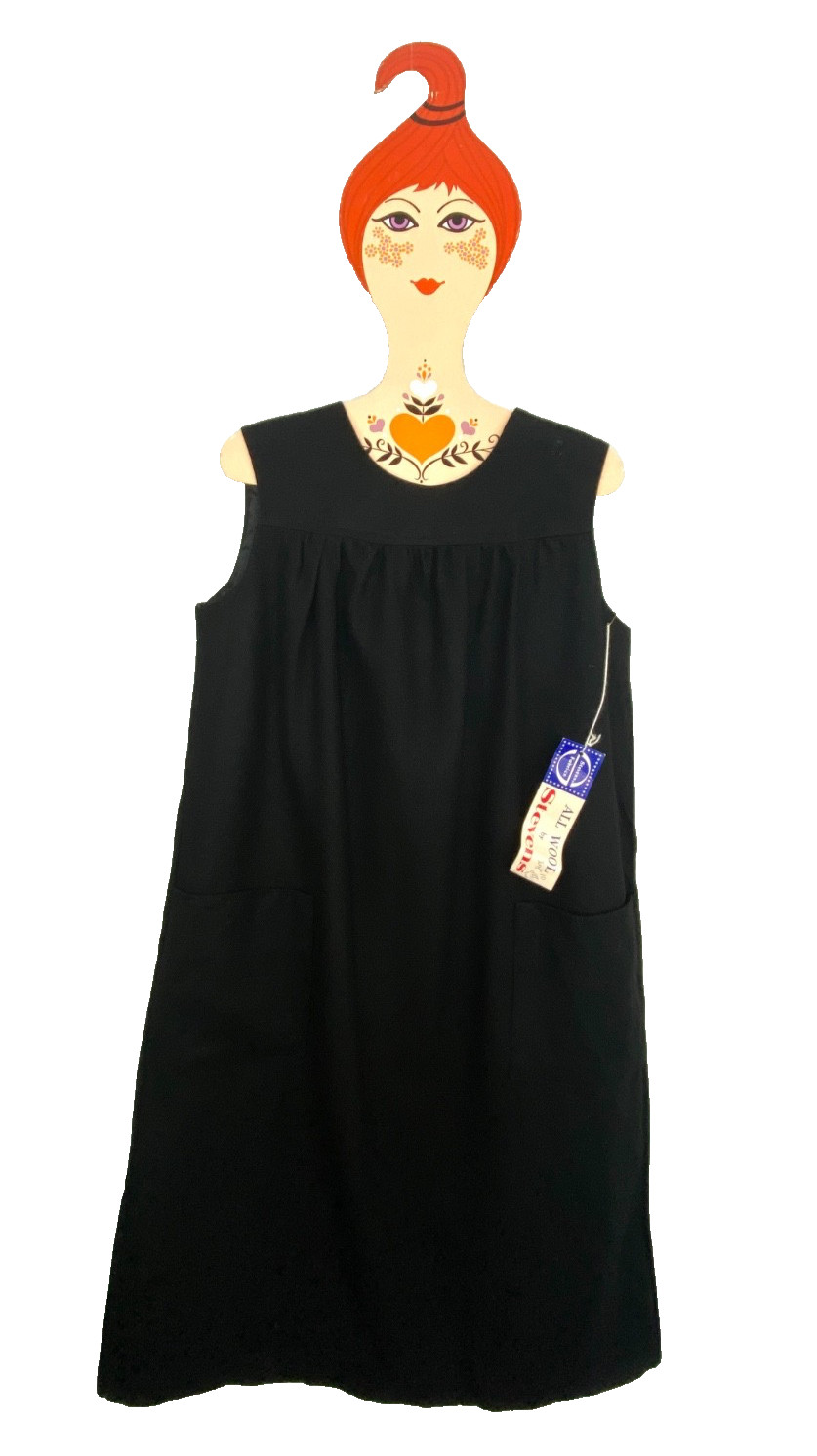 NWT vintage 1960s black wool dress M sleeveless tent knee length pockets