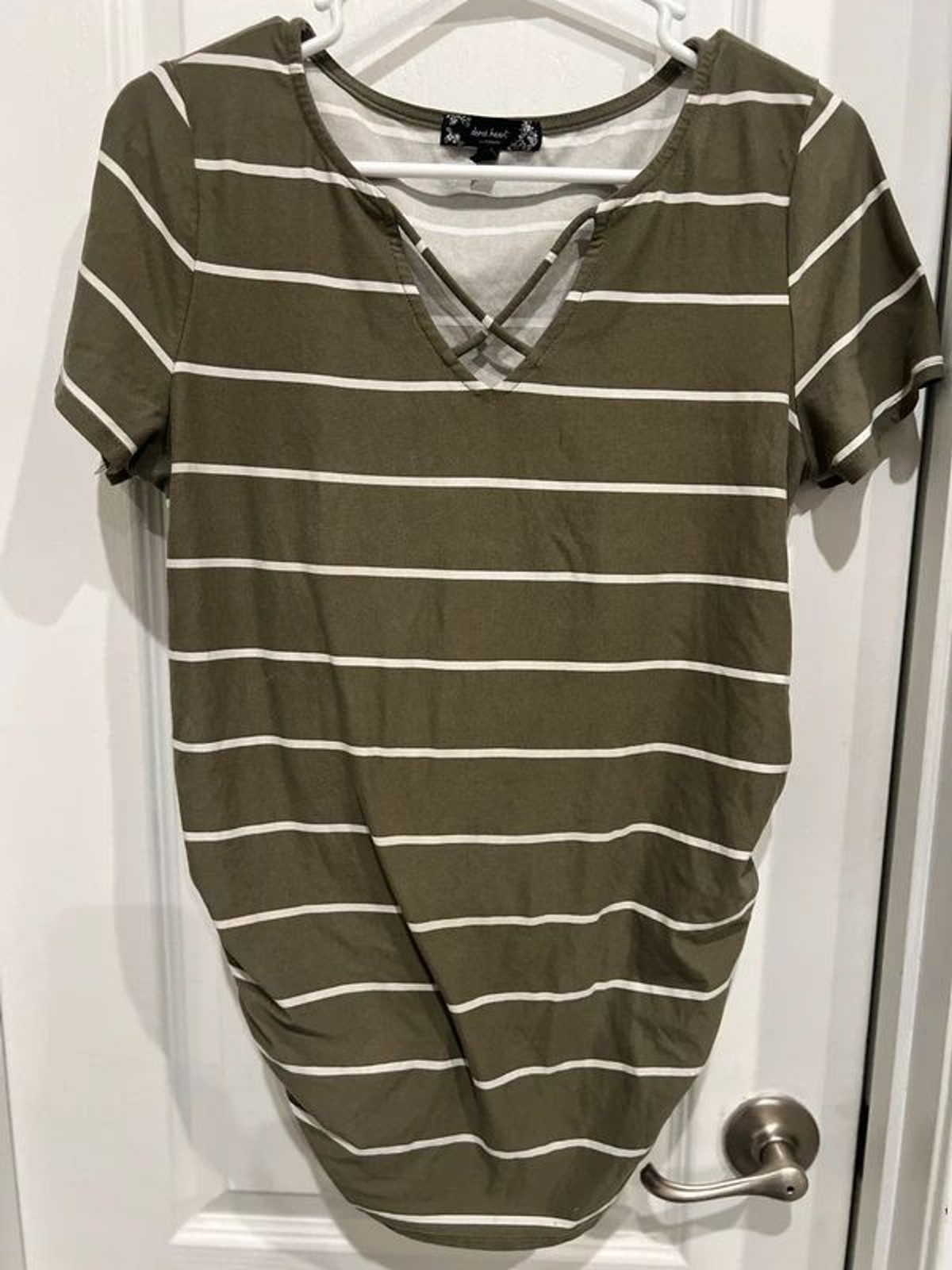 Derek Heart Maternity Olive Green Striped Crisscross Neck T-Shirt Dress Medium