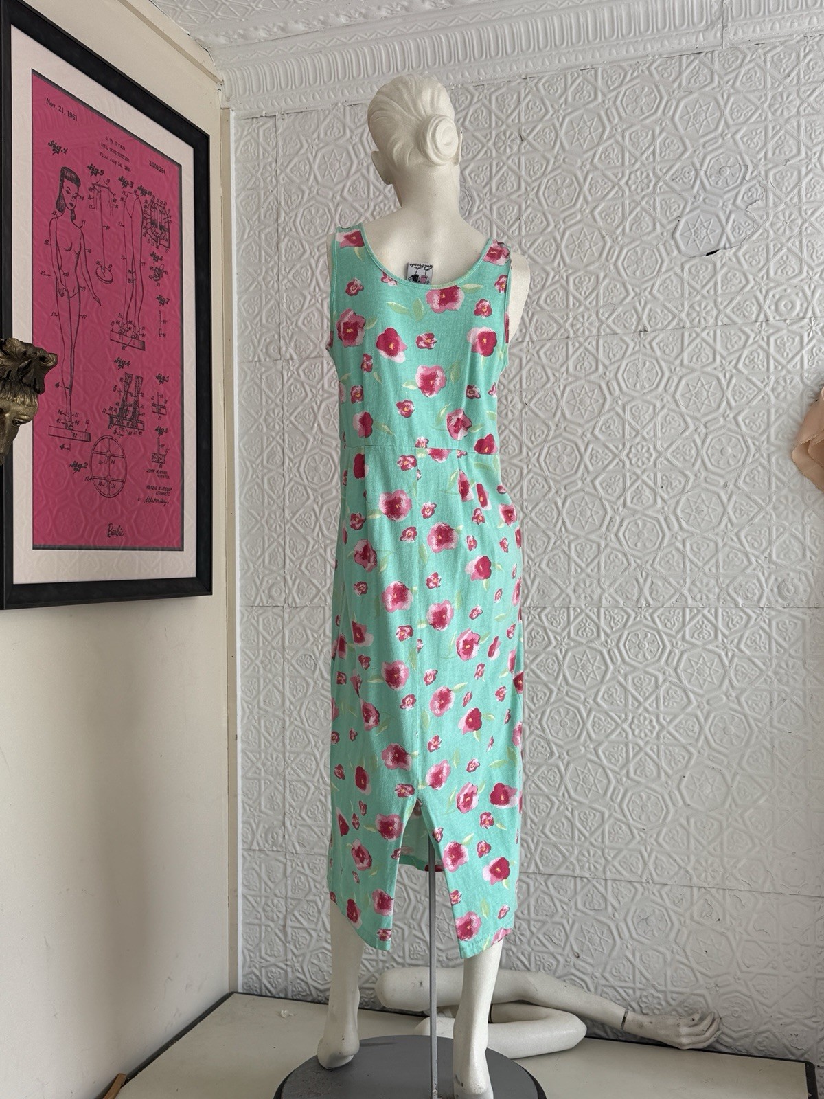 Vintage 1990s Dress Set-Knit-Floral-Spring-Cottage Green Pink-T Shirt-Tank-M