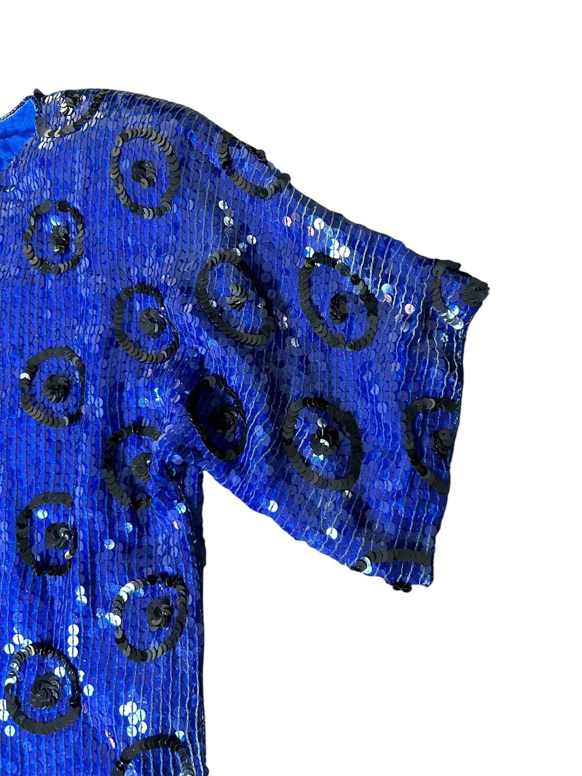 Vtg JLB Sequin Silk Evening Blouse Sz M Royal Blue Short Sleeve Geometric Funky