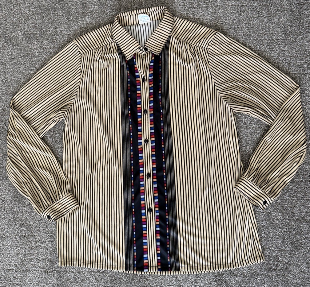 VTG 70s 80s Geometric Stripe Blouse M Women Seoul Daedo Retro Mod Button Shirt