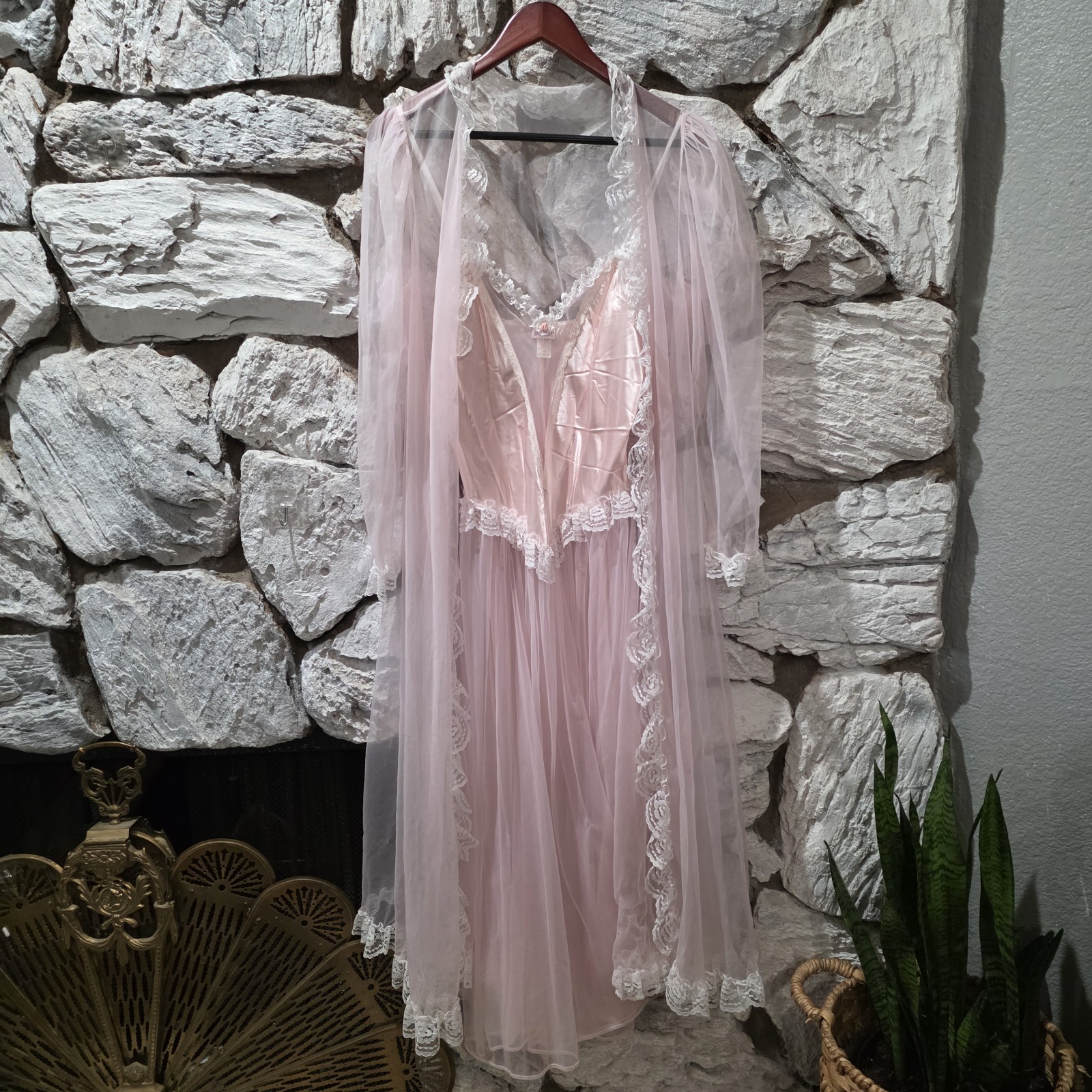 Vintage Fredericks Romantic Pink Lace Nightie Peignoir Set Lingerie Robe 12/14 L