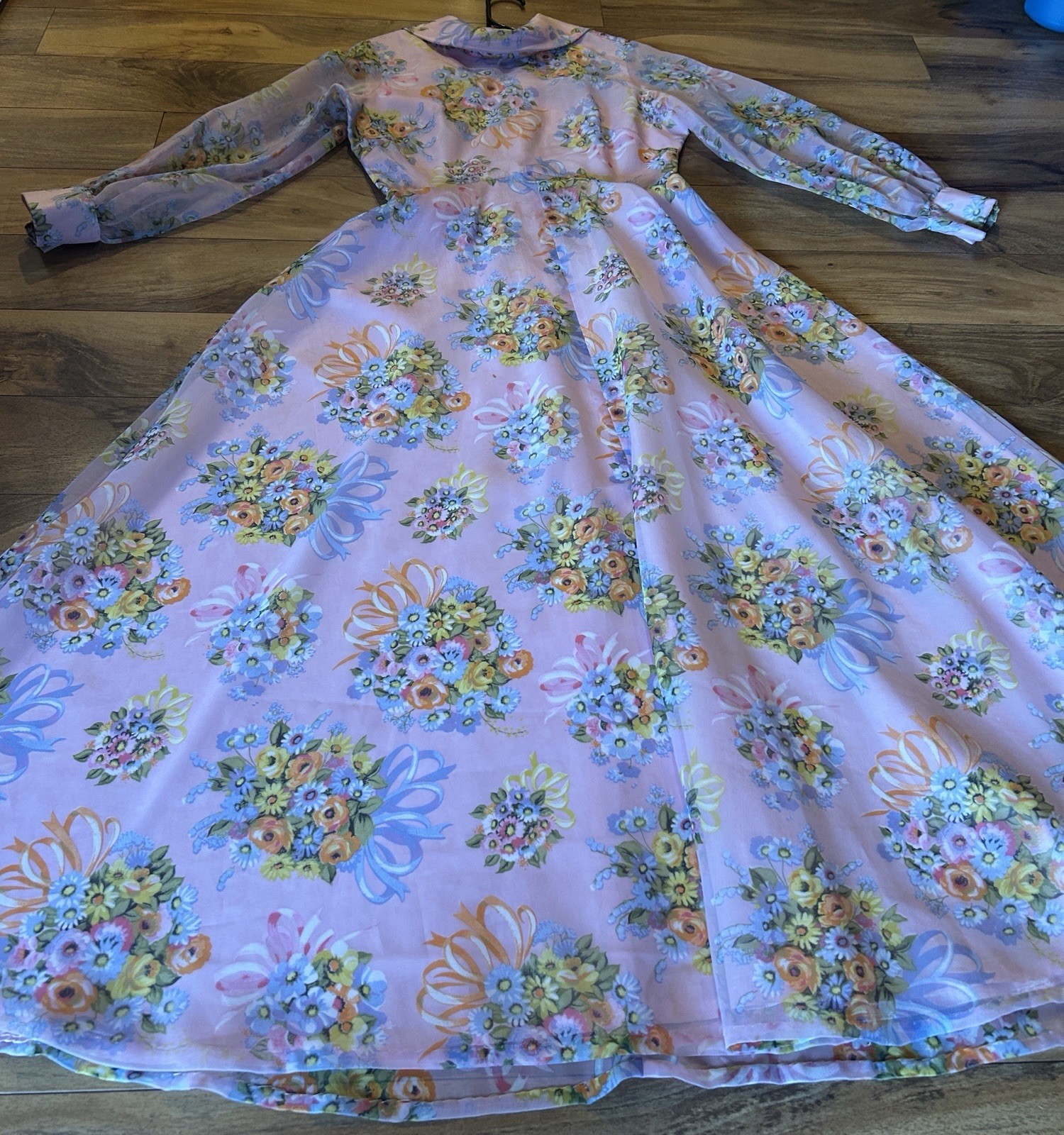 Avalon Classics Pink Floral Chiffon Maxi Dress Gown Sz 12 Cottage ILGWU Label