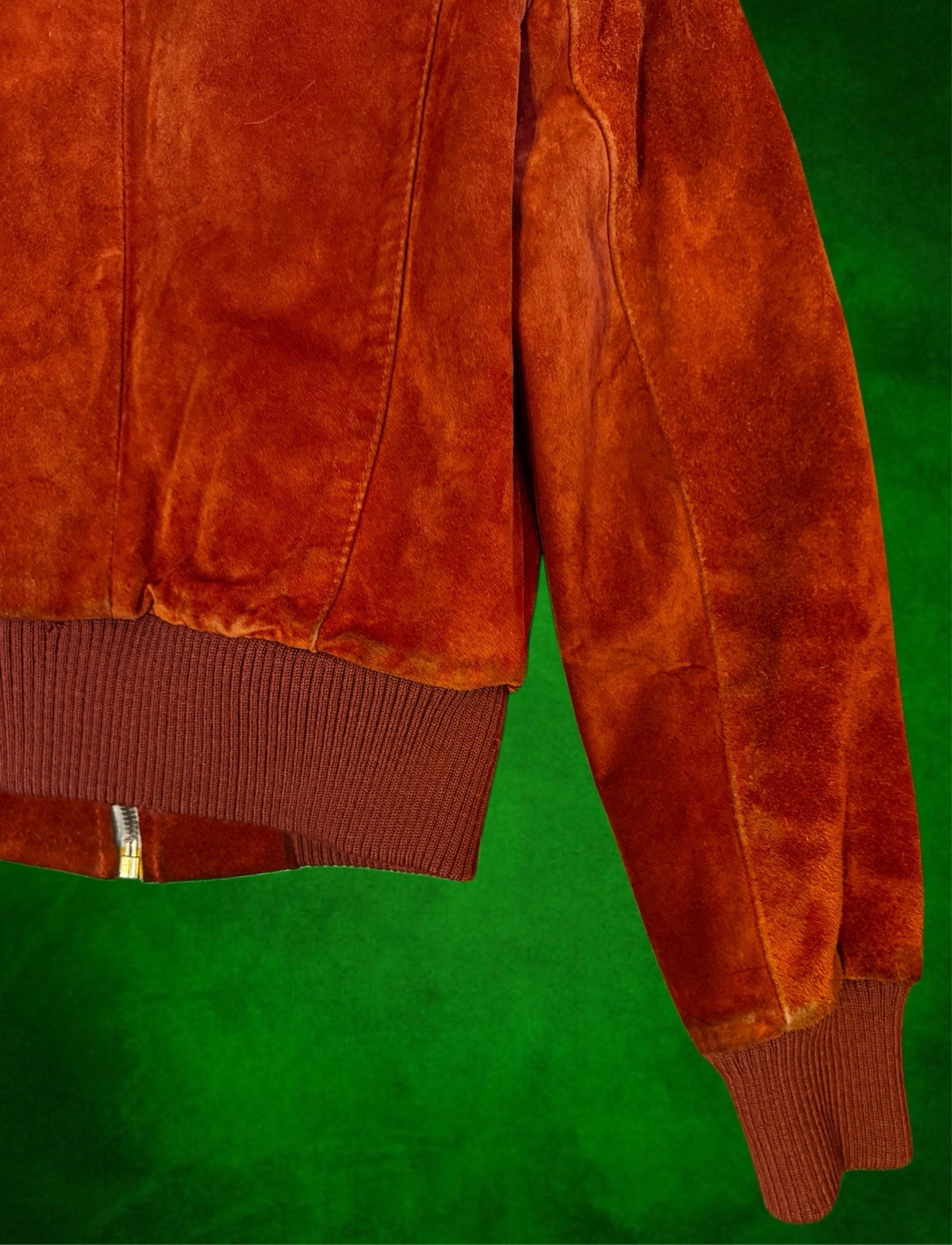 Vintage 70s Rust Suede Bomber Jacket Uruguay Wool Collar Womens XS/S Cropped