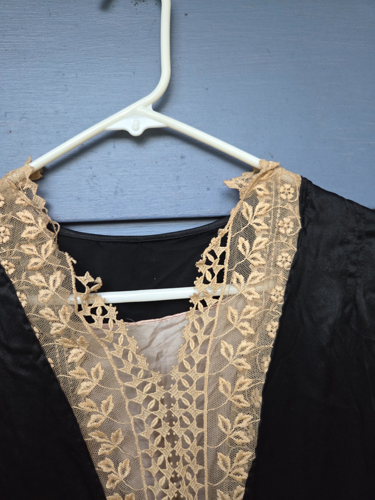 Antique 1920s Black Silk Satin Flapper Drop Waist Dress Tapestry Lace Collar