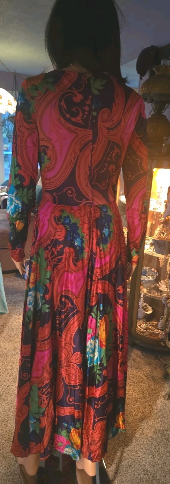 Vintage 70s Floral Psychedelic Maxi Dress Long Sleeve Boho Hippie Gown