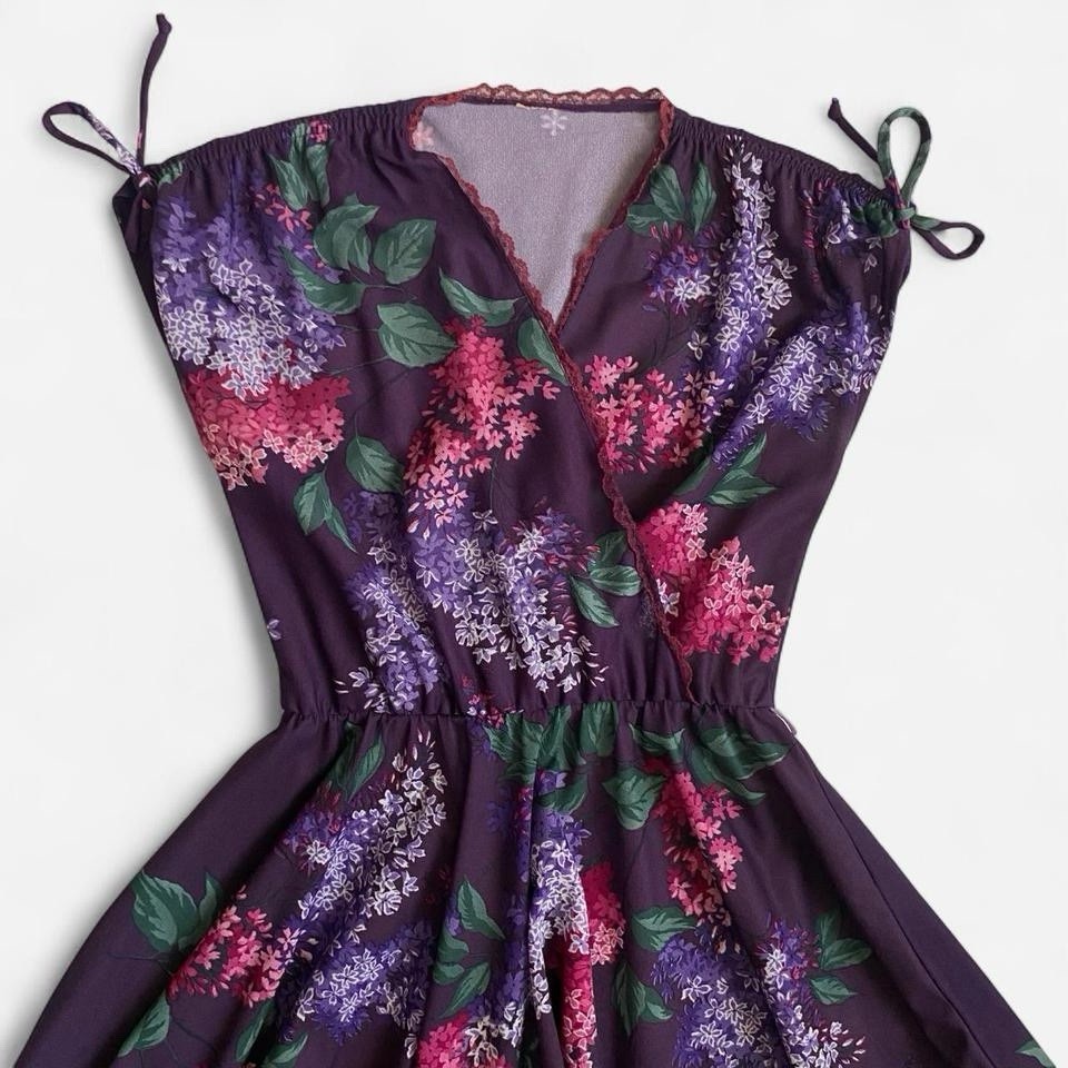 Vintage 70s Purple Floral Midi Dress