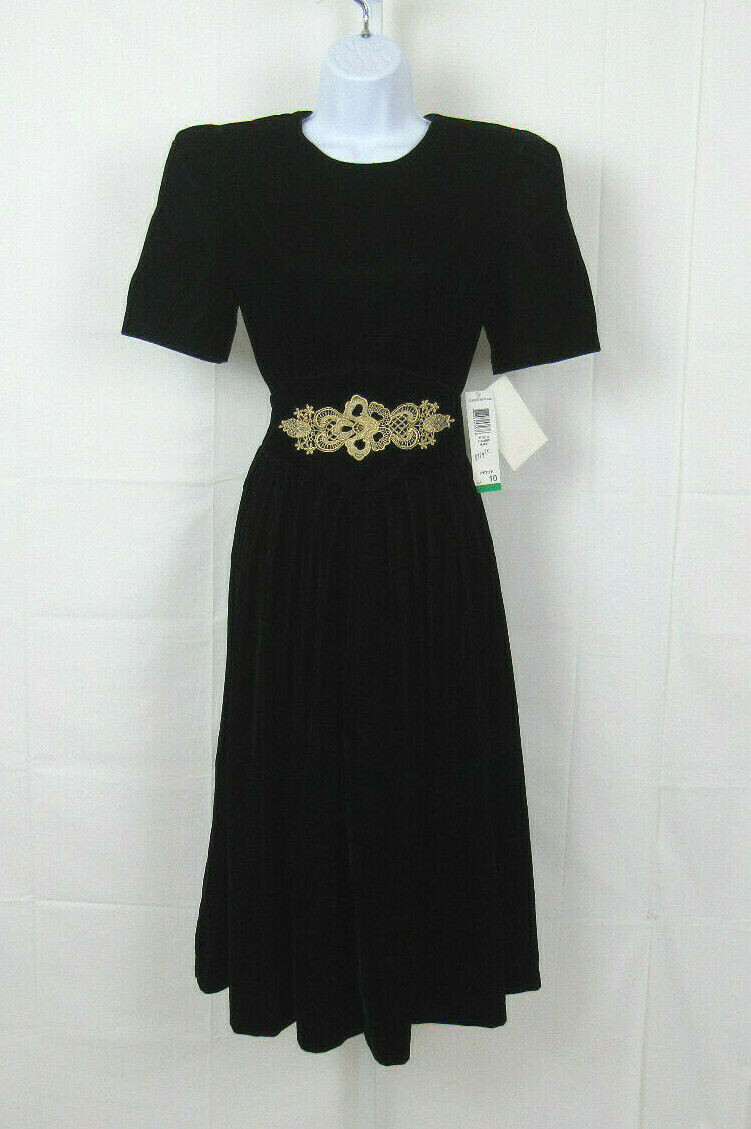 NWT VTG 1980s JESSICA HOWARD PETITE BLACK VELVET DRESS SIZE 10 EMBROIDERY TRIM
