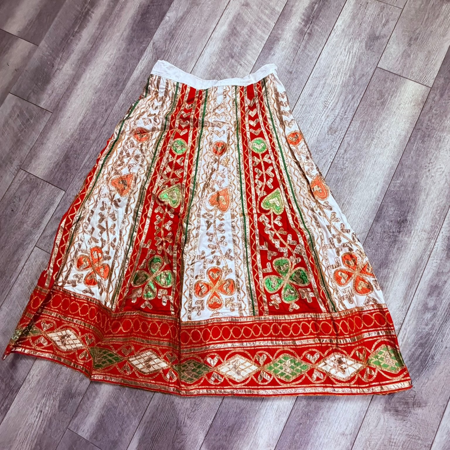 Vintage Embroidered Maxi Skirt Red White Gold Green Bohemian Ethnic