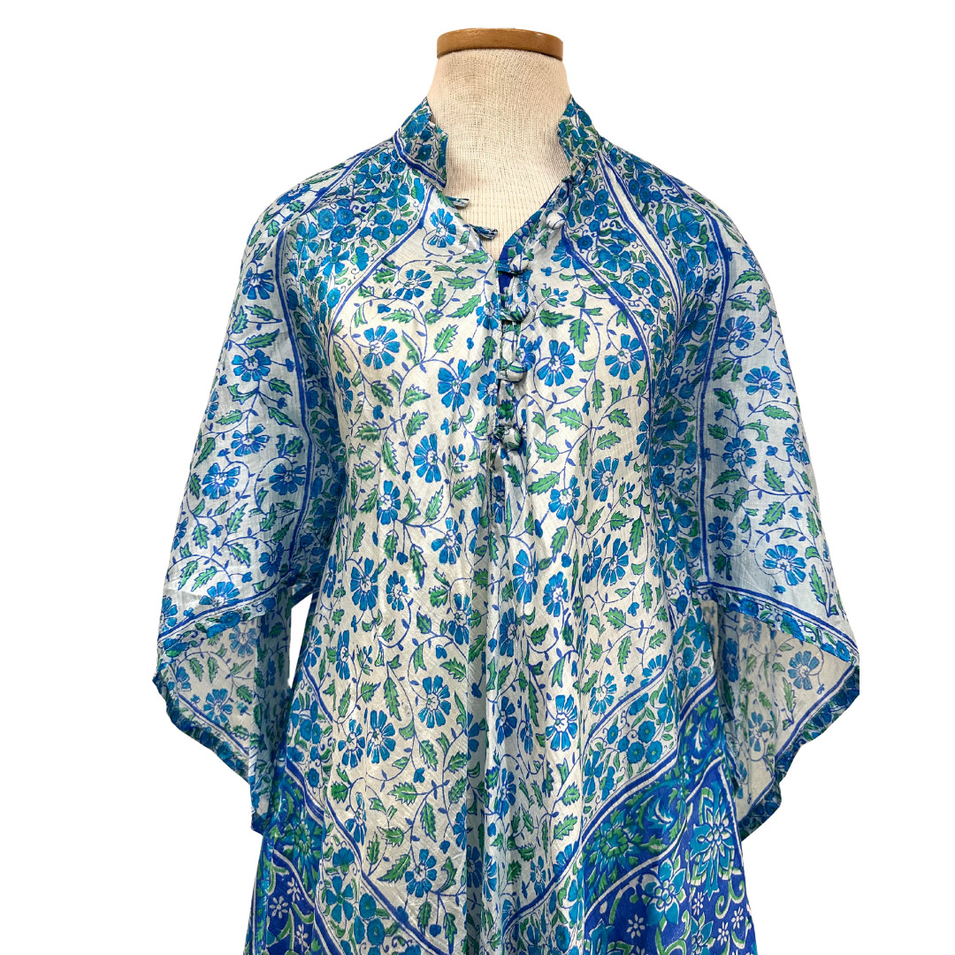 Vintage 1970s Zodiac Silk Cerulean Blue Midi Dress Caftan with Angel Sleeves