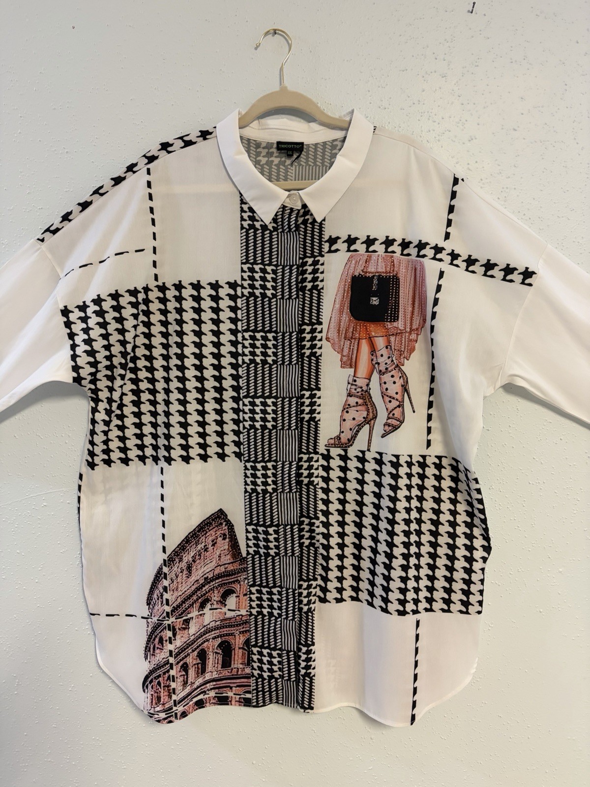 Y2K Tricotto Mixed Print/Pattern Button Down Blouse Sz 2X Art To Wear 3/4 Sleeve
