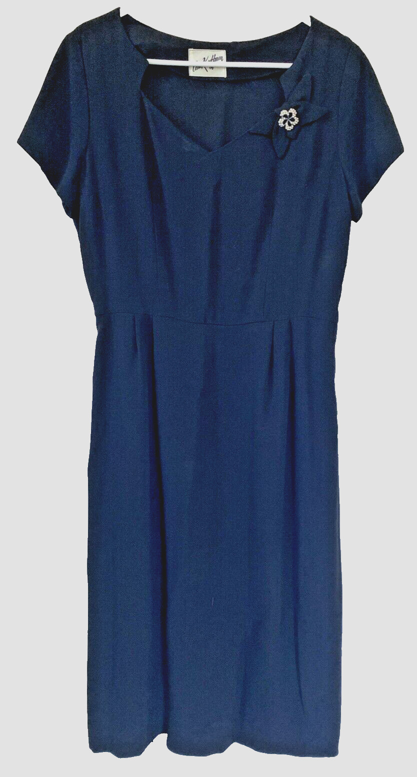 Vtg 40s 50s Ann Kauffman Black Dress Rhinestone Flower Cocktail Party Midi