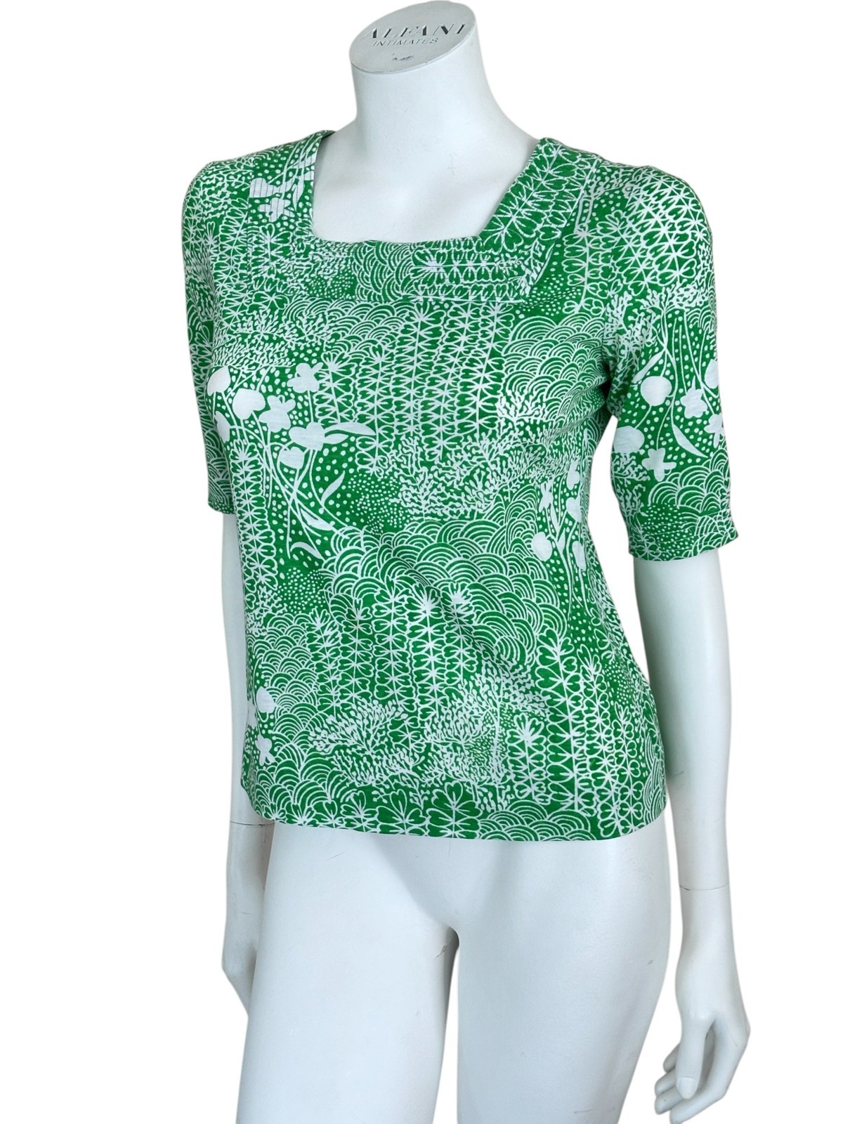 Vtg 70s Ditsy Geometric Floral Print Top Size S Square Neck Cotton Green White