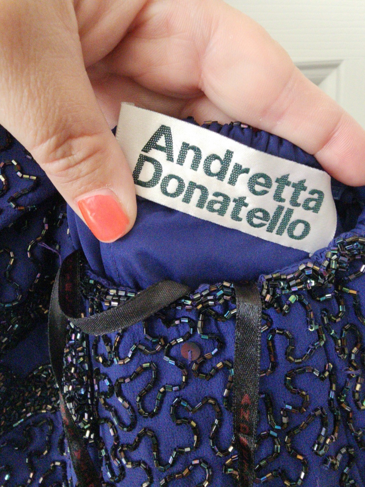 VTG Andretta Donatello Blue Beaded Formal Gown Backless Event Silk L