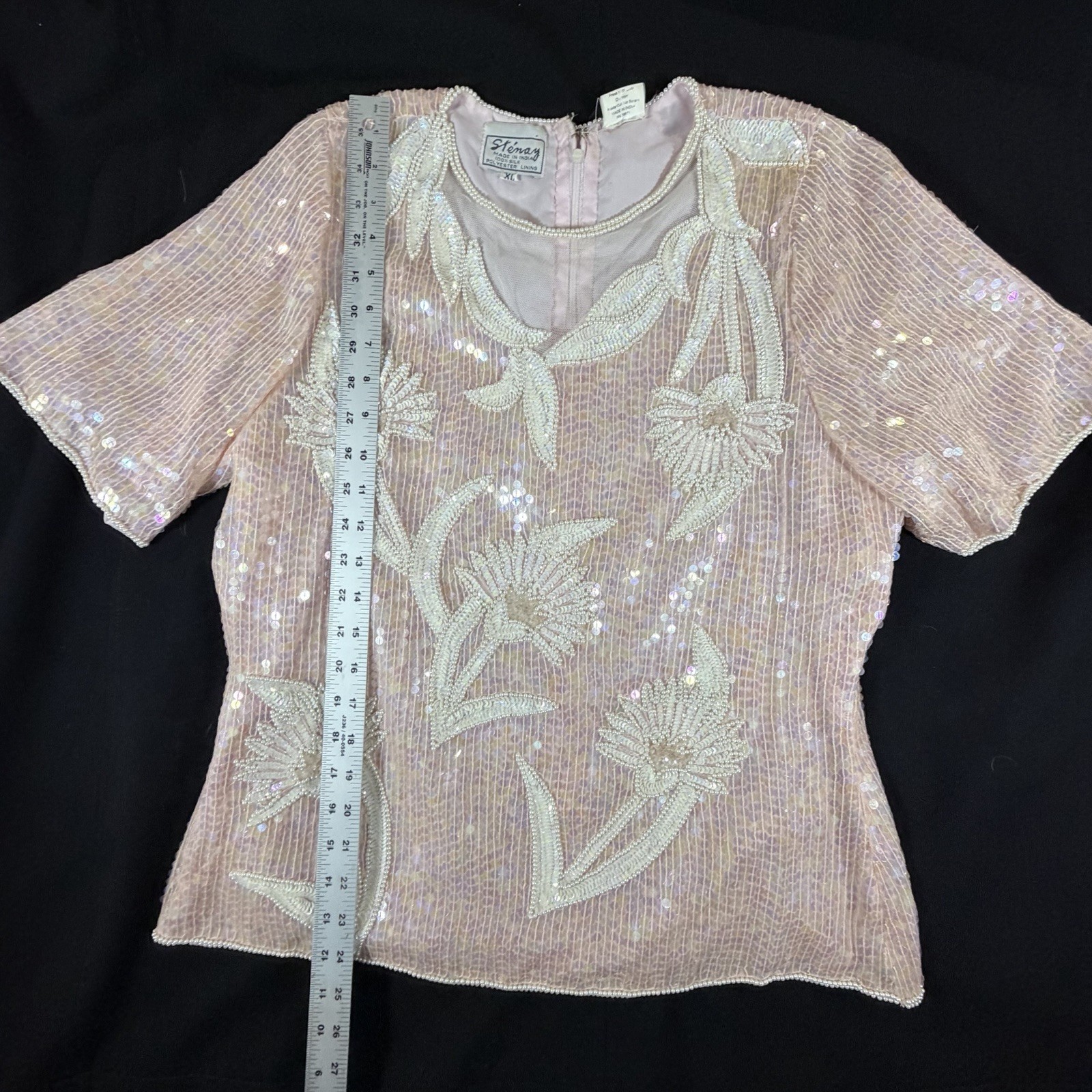 Stenay Womens XL Pink Silk Beaded Sequin Pearl 2Pc Skirt Blouse India VTG