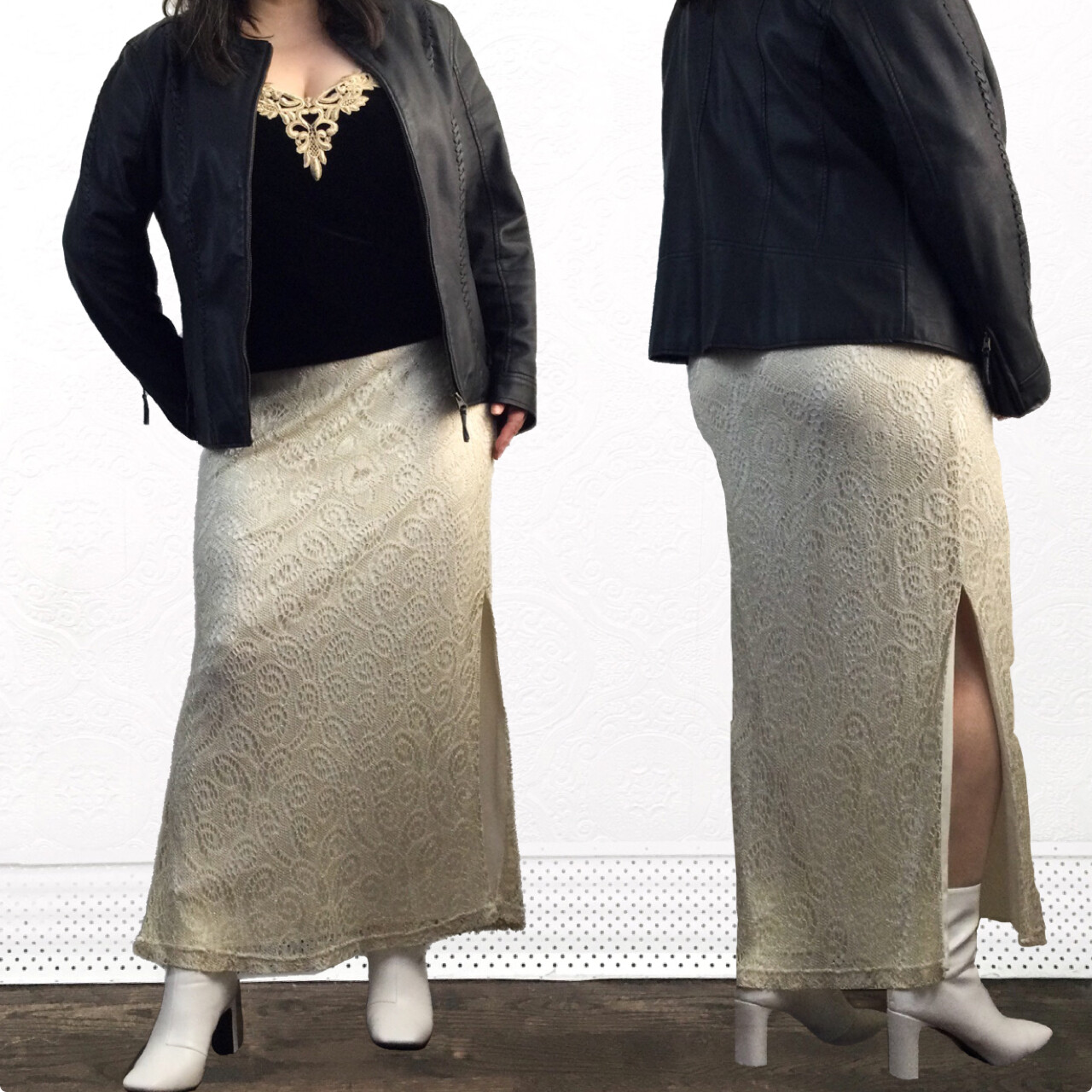 Vintage Jeffrey & Dara by Tom Barra lace knit stretch evening maxi skirt size 16